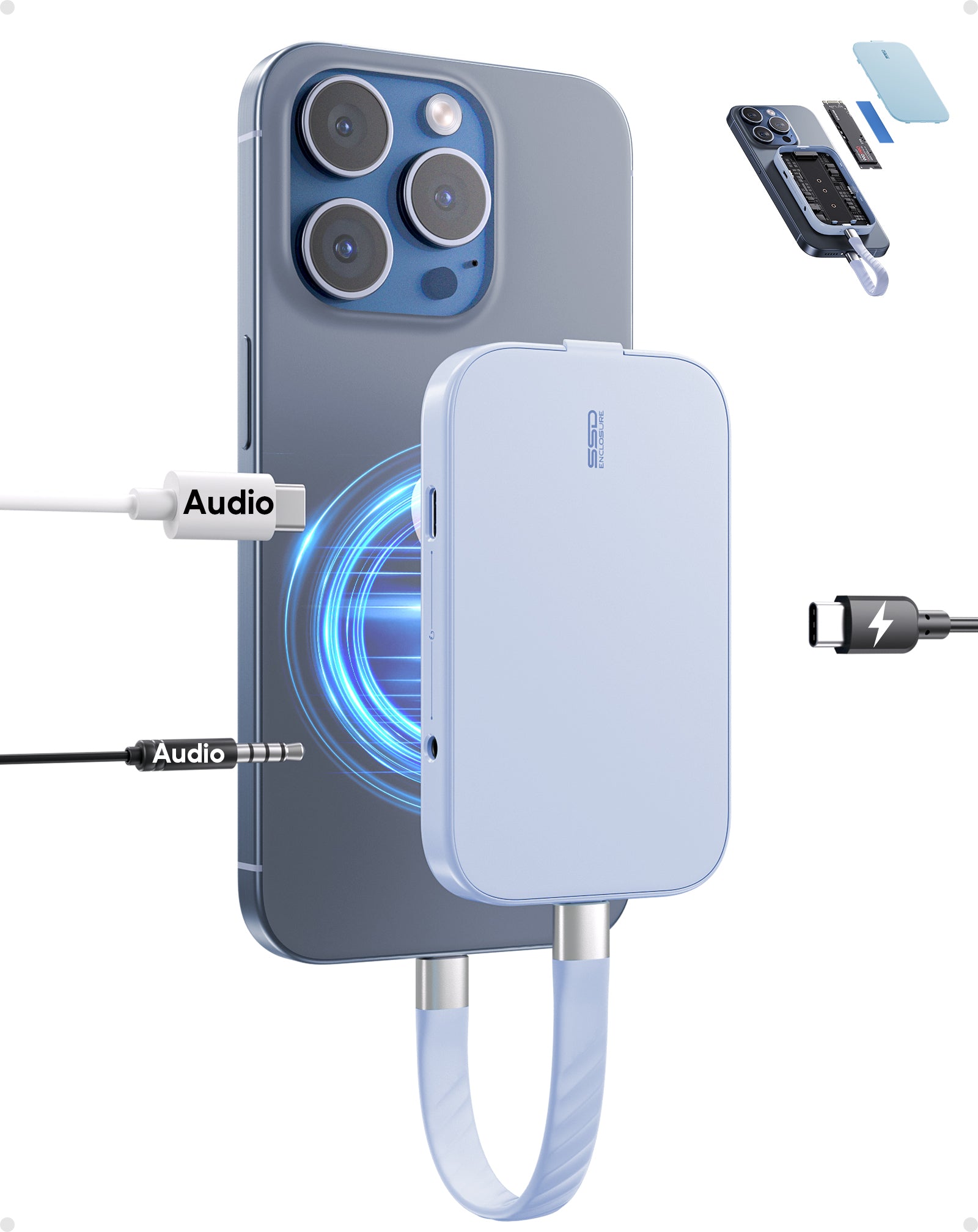 PULWTOP Magnetic M.2 NVME SSD Enclosure for iPhone 15 16 Pro/Max ProRes amd MacBook iPad (SSD Not Included) - Blue