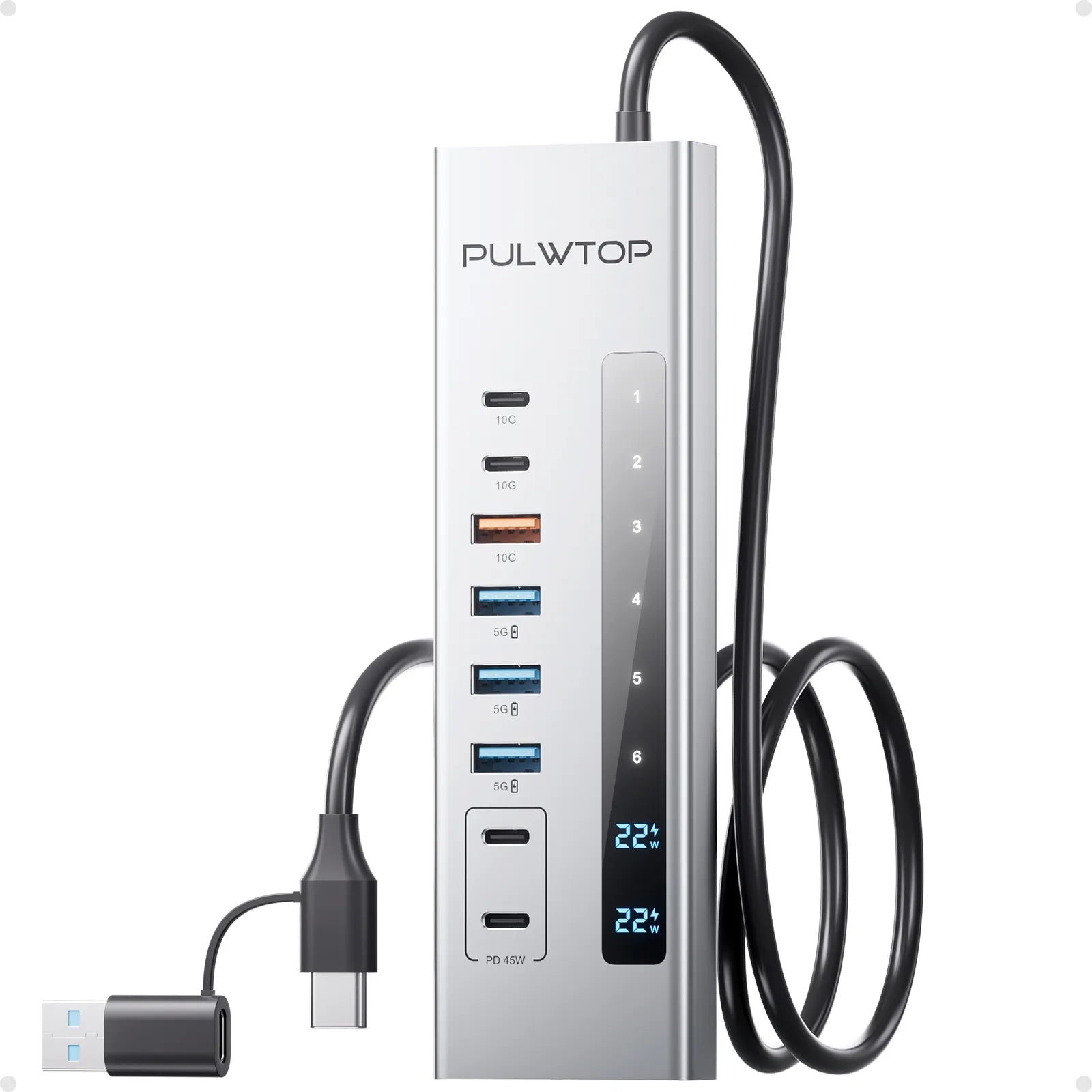 PULWTOP Powered USB C Hub, PULWTOP 11-in-1 USB Hub with SD/TF, 2*USB-C 10Gbps, 4*USB-A 5/10Gbps and 2 * 24/45W Type-C PD Charging Ports (Not Support Video), USB Powered Hub (72W DC Adapter Included)