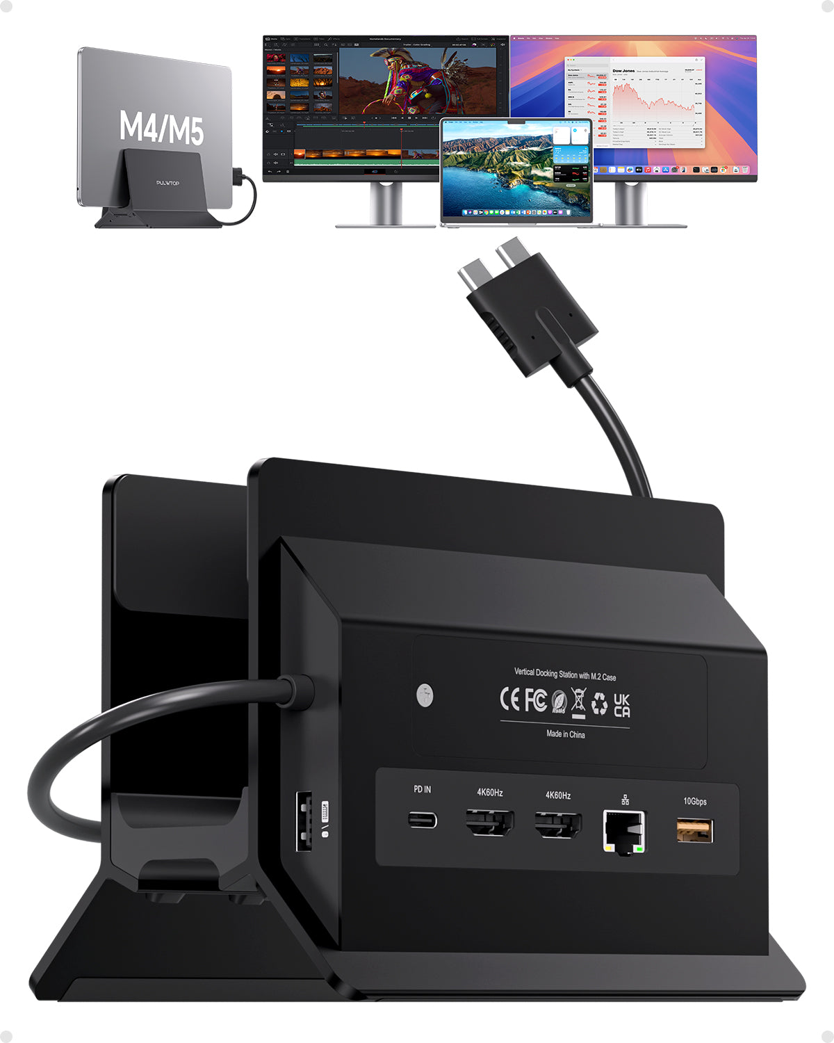 MacBook Docking Station Dual Monitor with 2 HDMI 4K@60Hz, USB A/C 10Gbps, Vertical Dock Stand for MacBook Pro Air M3 M4