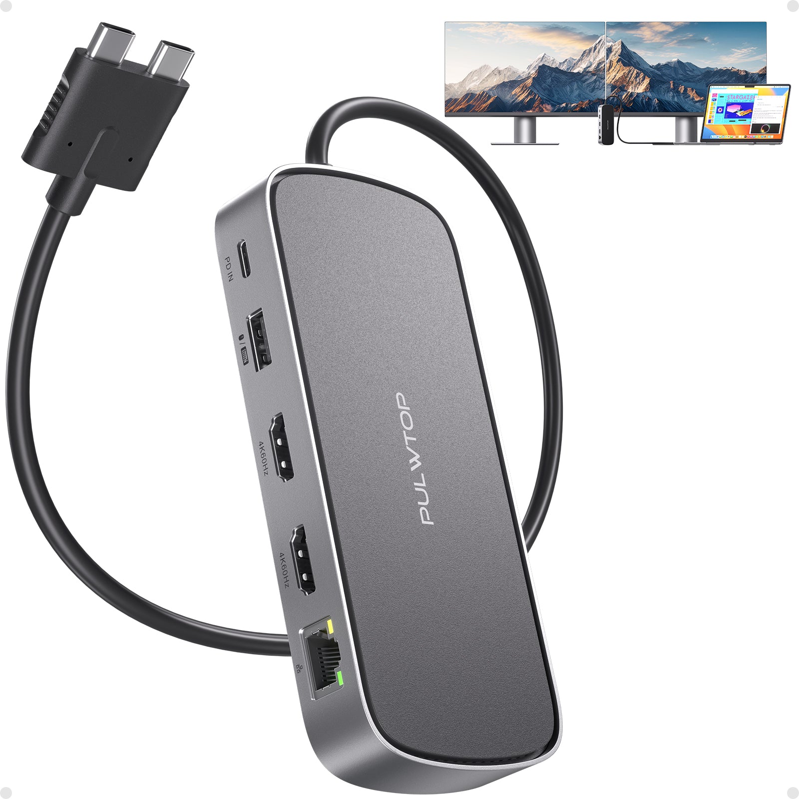 PULWTOP MacBook Pro Docking Station Dual Monitor 4K@60Hz for MacBook Pro/Air M5/M4/M3 Pro & Max, Macbook Pro Dock (2HDMI,PD,Ethernet,USB A/C 10Gbps)
