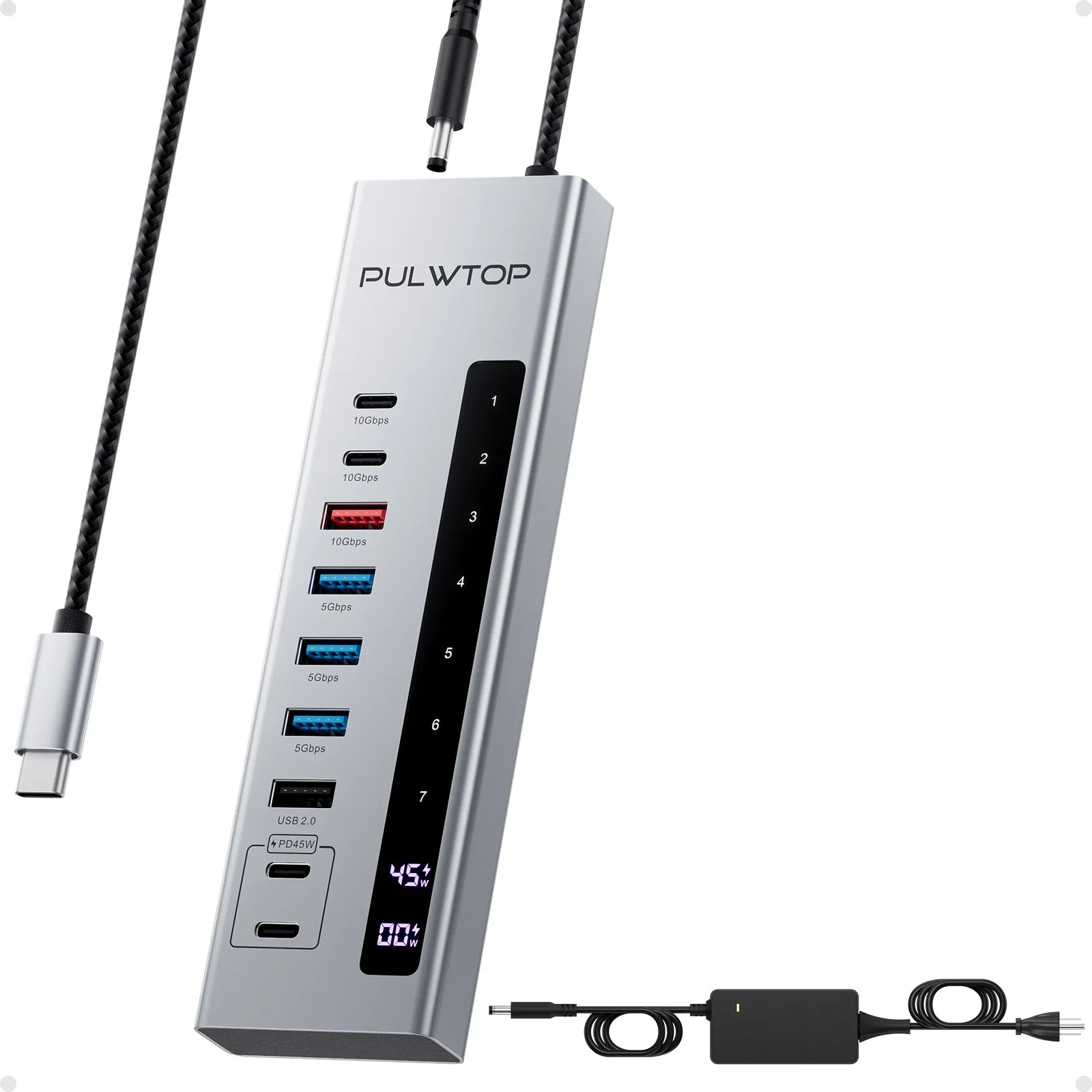 PULWTOP 10-in-1 Powered USB C Hub with 3 x USB A/C 10Gbps, 3 x USB-A 5Gbps, USB A 2.0, 100W USB-C PD-in, 2 x 24/45W USB-C PD Charging Data Hub for PC Laptops (72W Adapter Included)