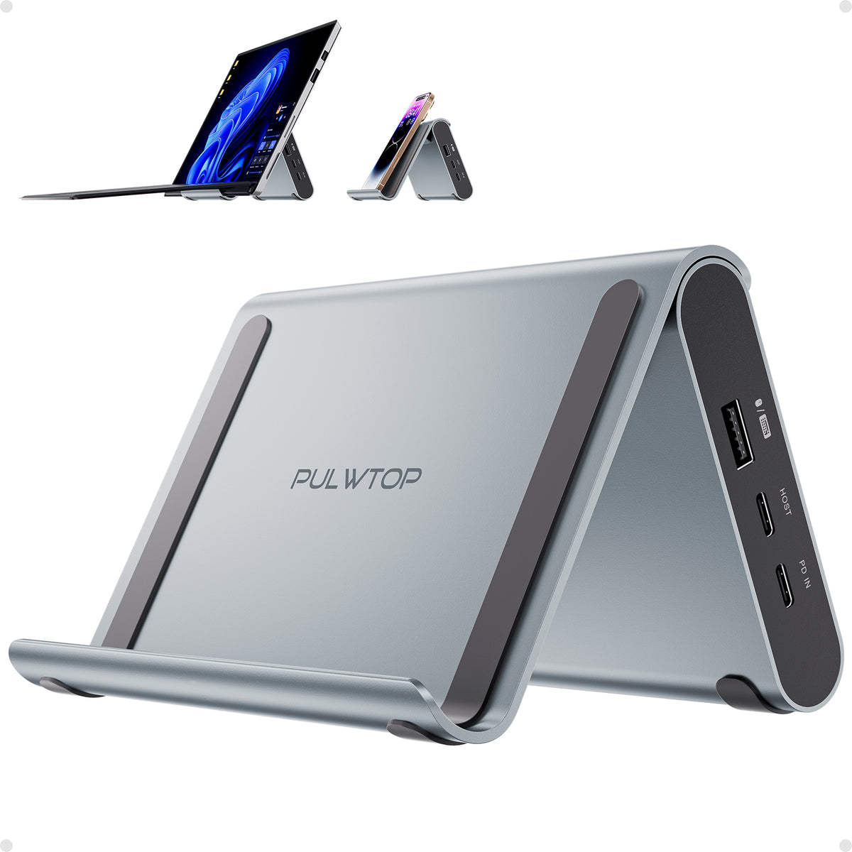 PULWTOP Laptop Docking Station Dual Monitor, Vertical Stand for Surface Pro 11/10/9/8 & Windows Laptops (4K@60Hz HDMI, 3X USB-C/A 10Gbps)
