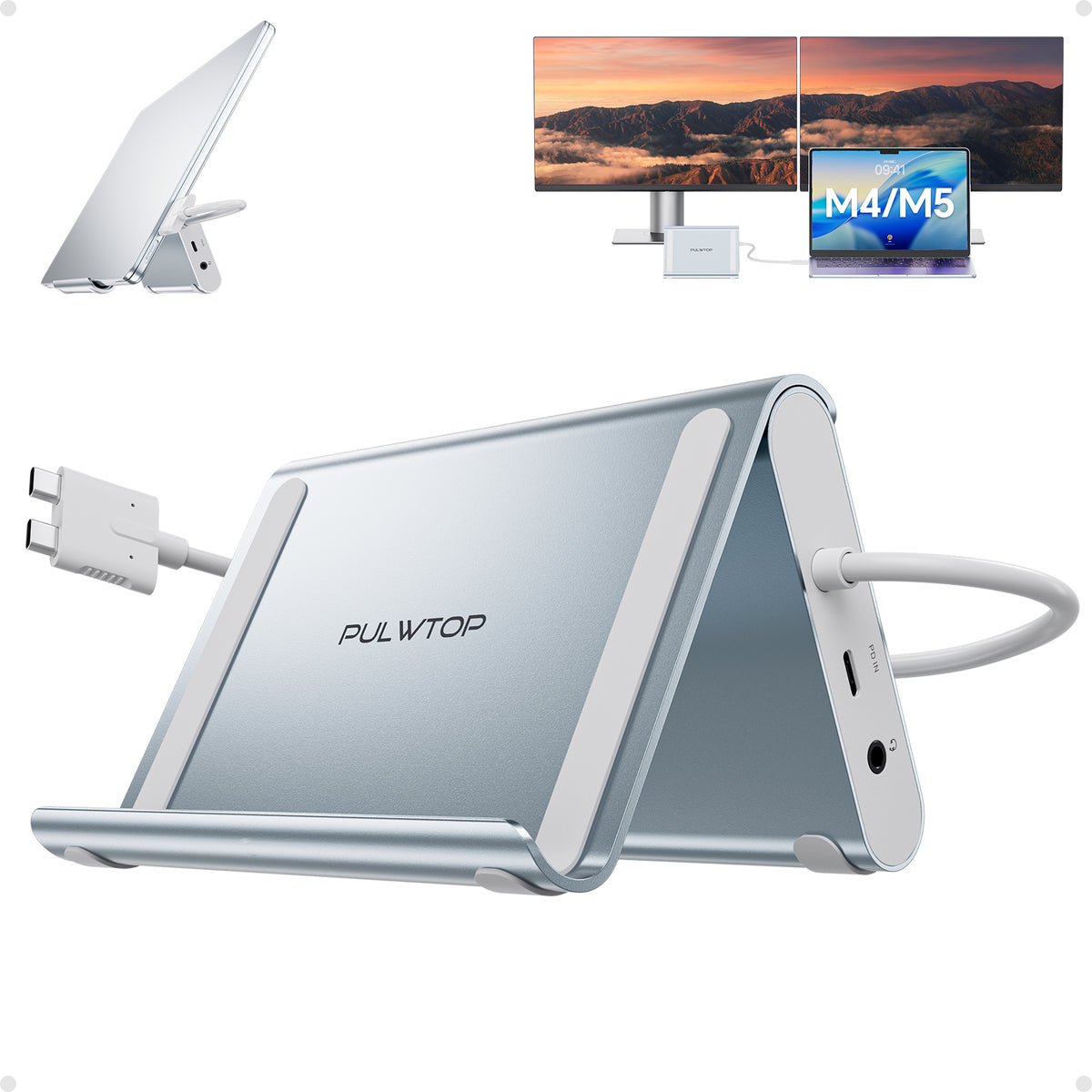 PULWTOP USB C Docking Station Dual Monitor for MacBook Pro/Air M4/M5 (2X 4K@60Hz HDMI, 10Gbps USB A/C) - Sky Blue