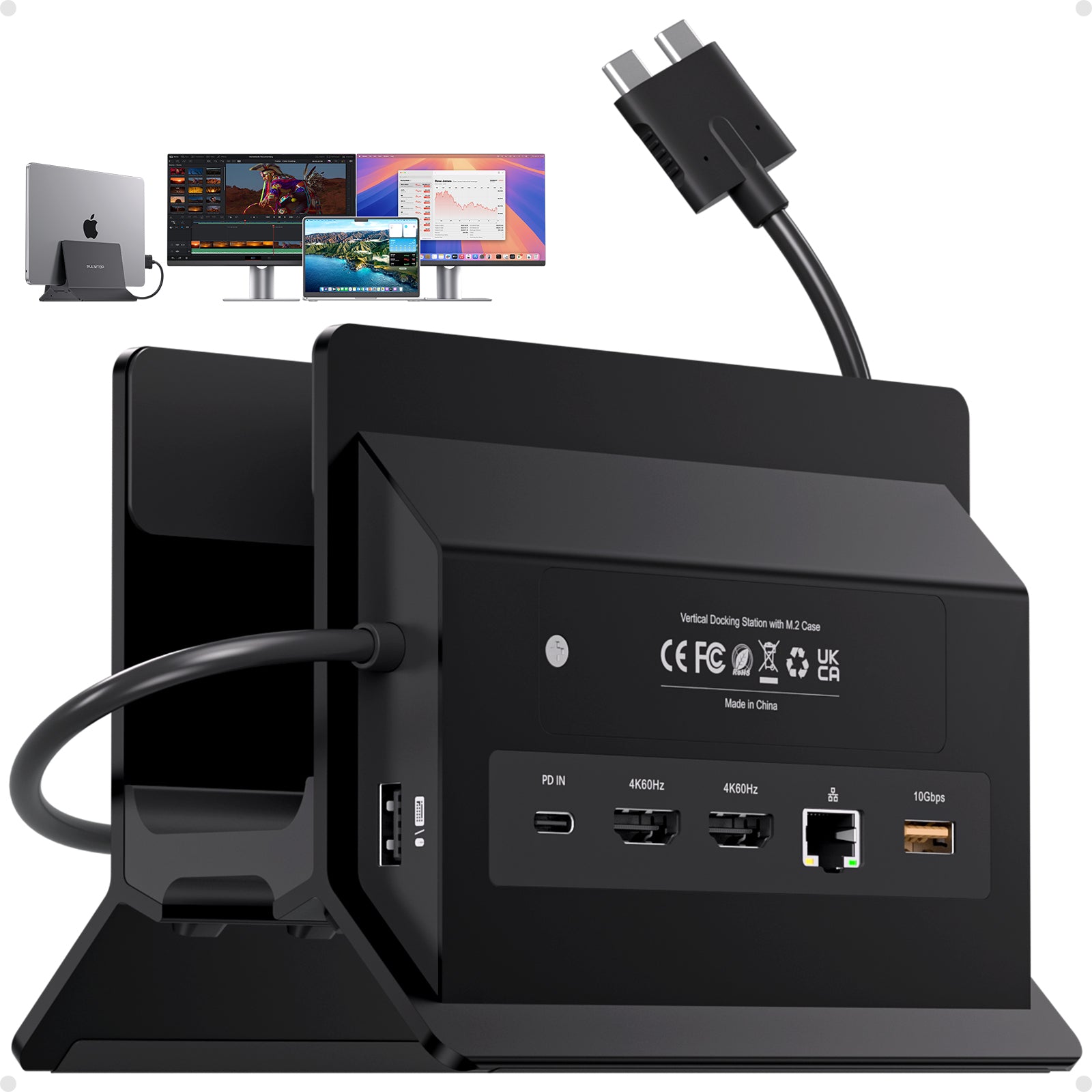 PULWTOP MacBook Docking Station Dual Monitor 4K@60Hz for MacBook Pro/Air M5/M4 (M.2 NVMe SSD Enclosure, 2 HDMI, 10Gbps USB A/C) - Black