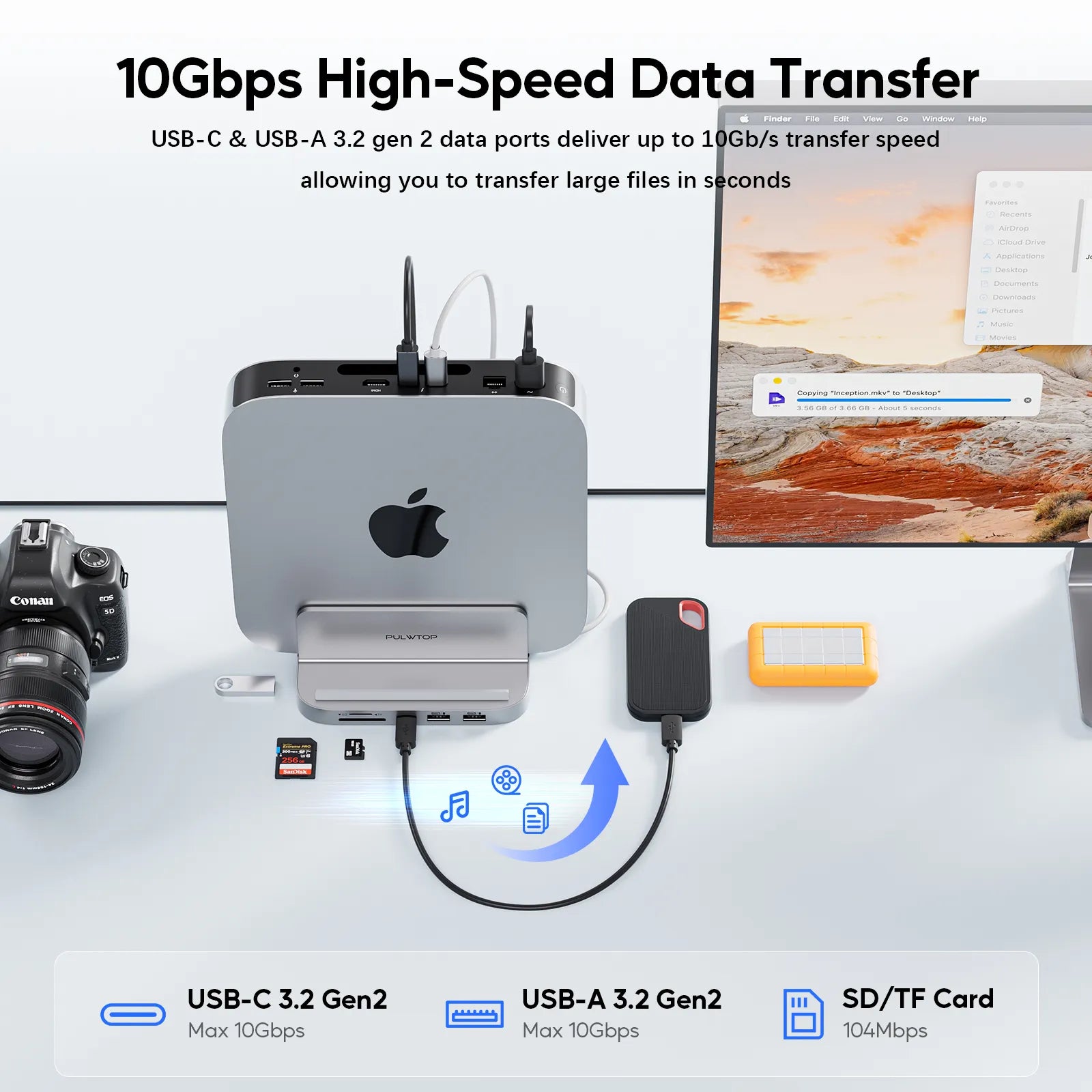 PULWTOP 8-in-1 Vertical Mac Mini Dock ,Mac Mini Hub Stand with M.2 PCIe NVMe SSD Enclosure