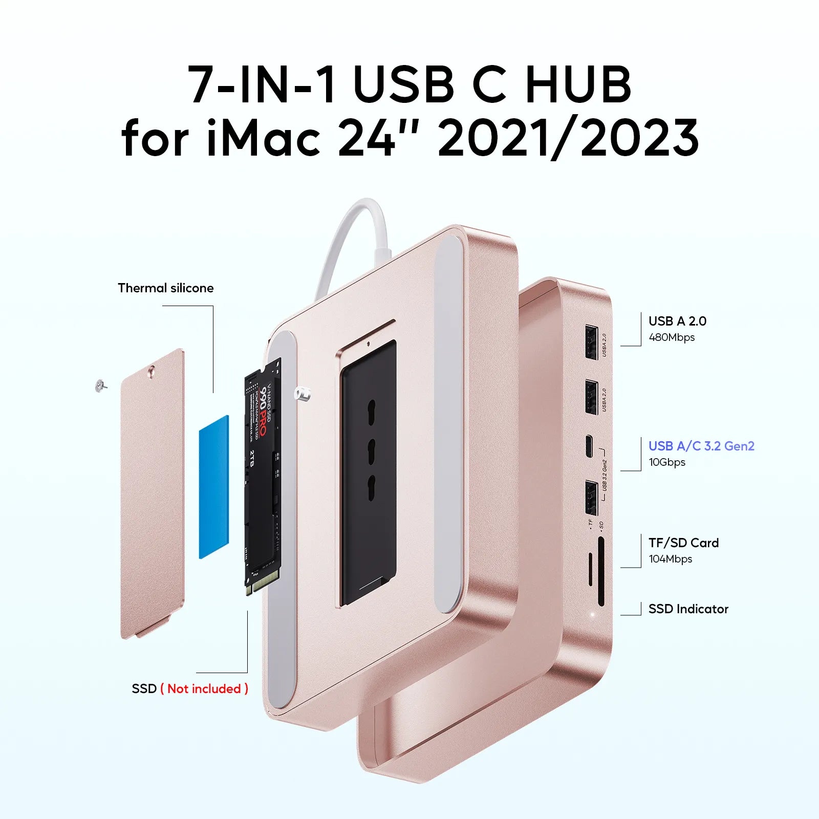 PULWTOP USB C Hub For iMac 24" M1/M3/M4 ( 7-in-1, M.2 SSD case, Pink)