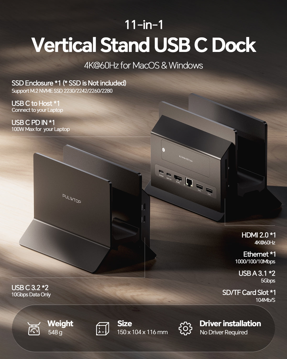 PULWTOP Vertical MacBook Docking Station (11-in-1, HDMI, USB-C 10Gbps, M.2 NVME SSD case) Black