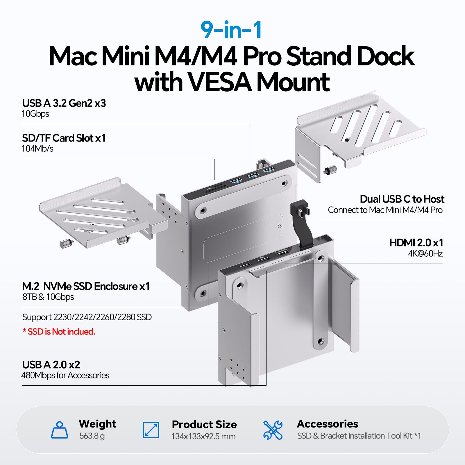 PULWTOP Mac mini M4 Dock & Stand, Metal Bracket Holder for Monitor, Desk and VESA Port (9-in-1, 8TB M.2 SSD case, HDMI 4K)
