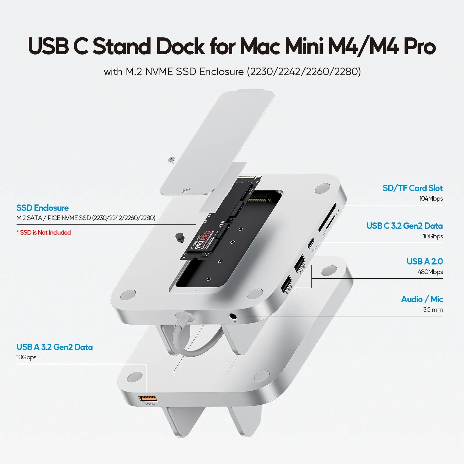 PULWTOP Mac Mini M4 Vertical USB C Hub& Stand(8-in-1, M.2 SSD case, 10Gbps)