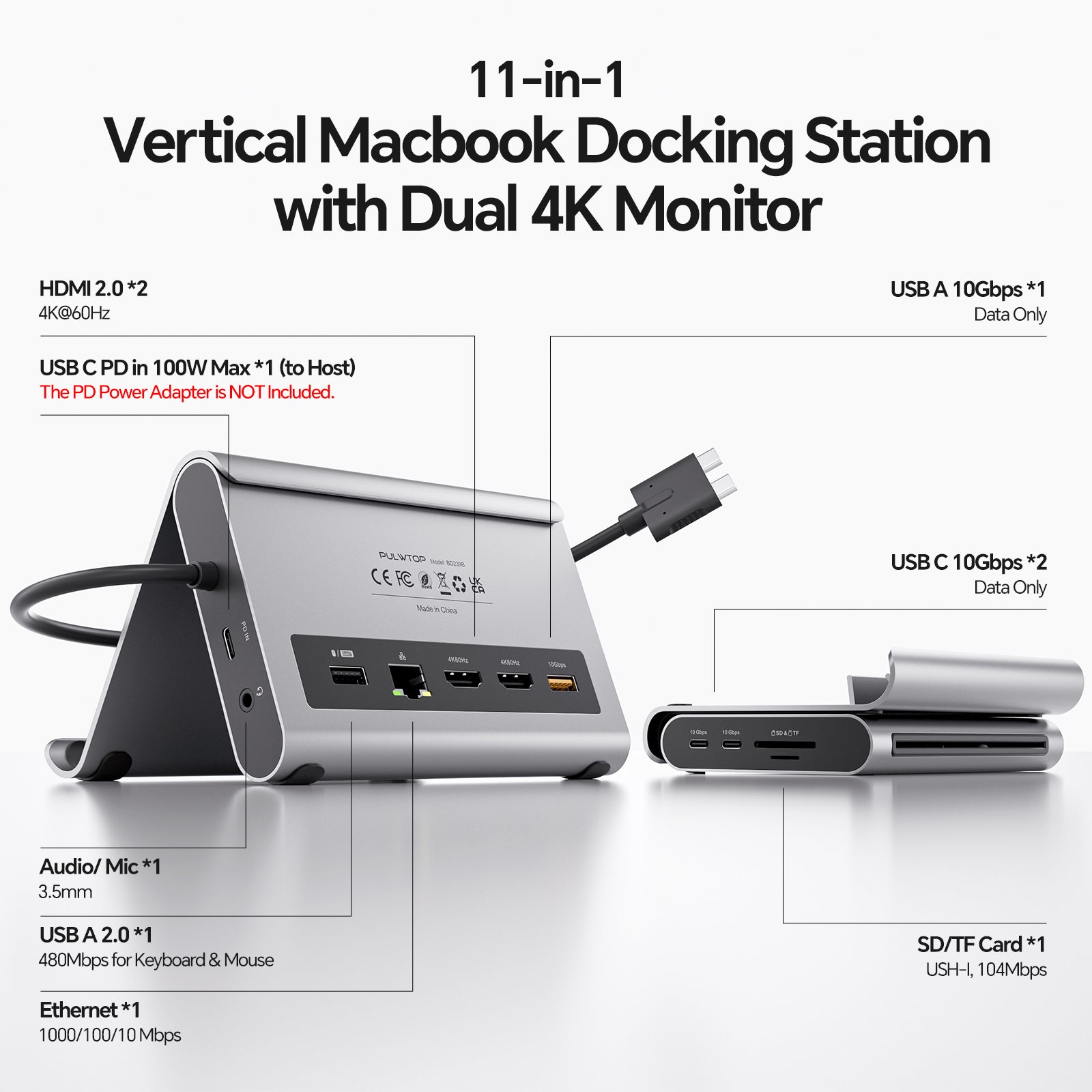 PULWTOP USB C Docking Staton Dual 4K@60Hz Monitor ( 2 HDMI, PD, Ethernet, USB A/C 10Gbps, Audio, SD/TF)