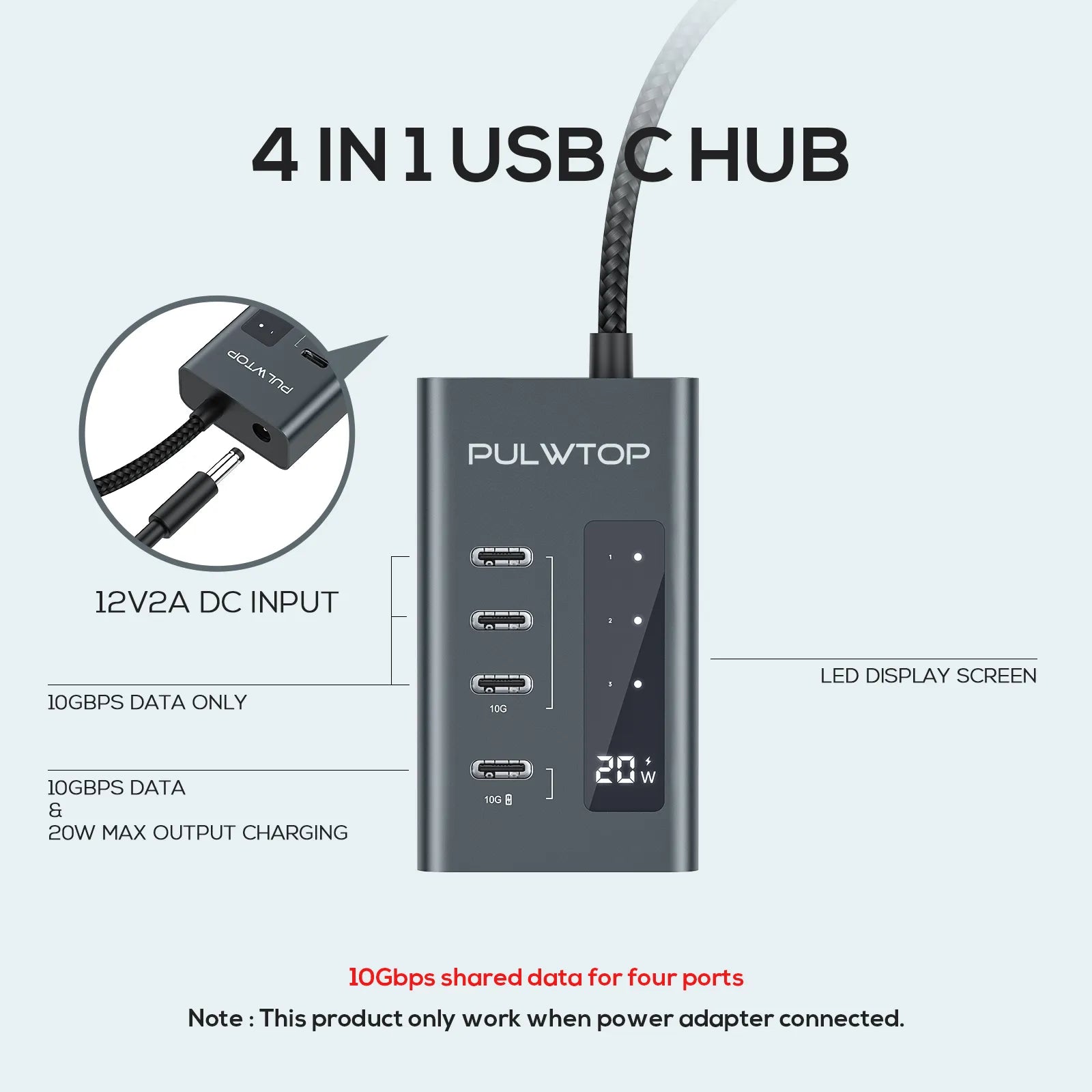 PULWTOP USB C Hub for Laptops, 4-in-1 10Gbps USB C supports data and charging (not video), works with iMac, MacBook Pro/Air, iPad, XPS