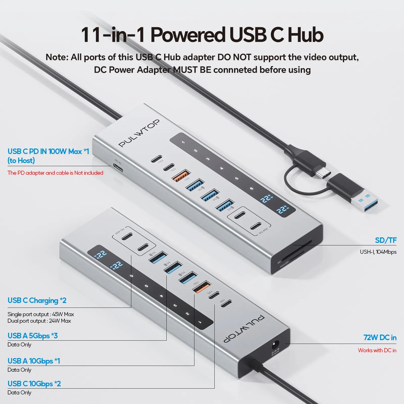PULWTOP Powered USB C Hub, PULWTOP 11-in-1 USB Hub with SD/TF, 2*USB-C 10Gbps, 4*USB-A 5/10Gbps and 2 * 24/45W Type-C PD Charging Ports (Not Support Video), USB Powered Hub (72W DC Adapter Included)