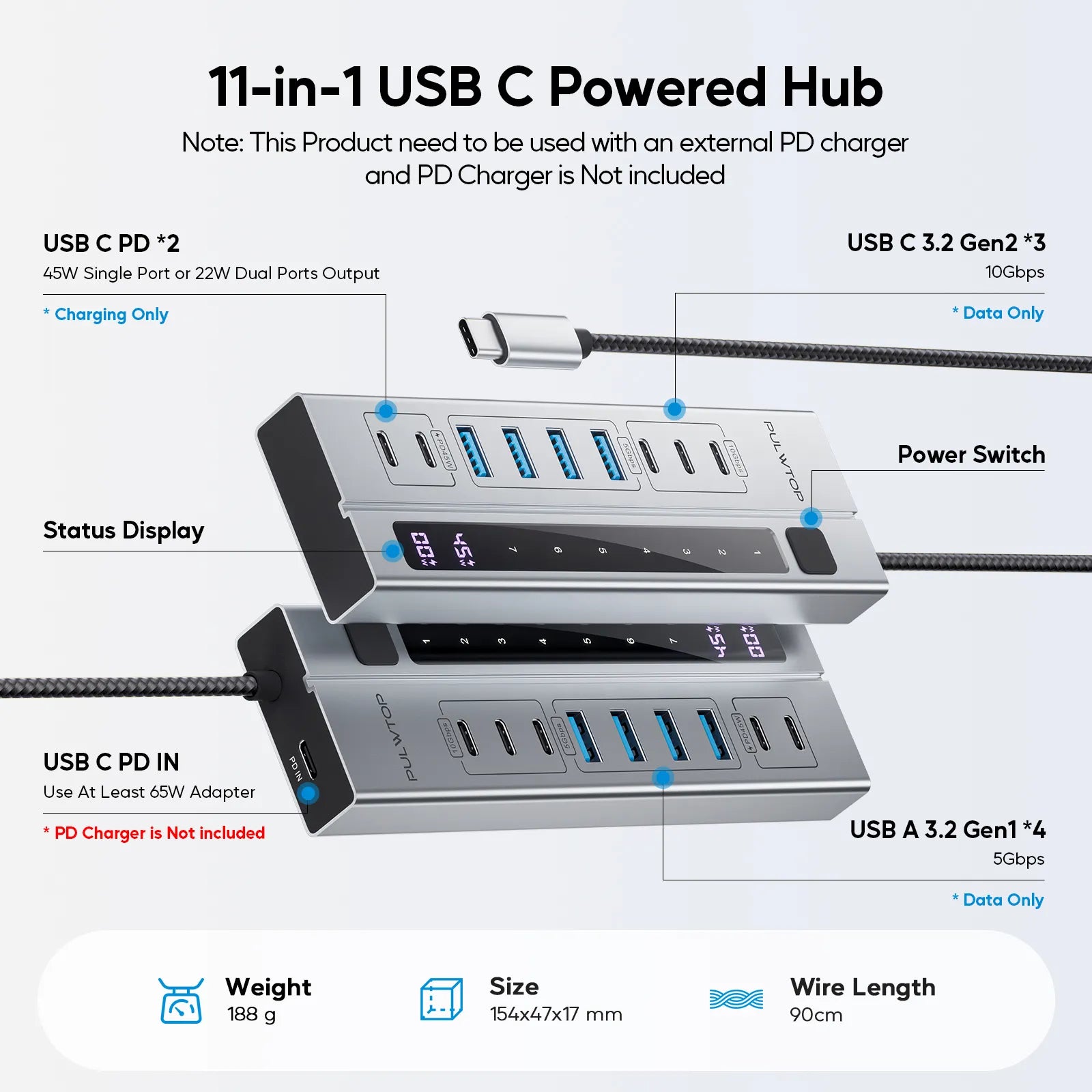 PULWTOP 9-in-1 USB 3.2 Data Hub, Power Adapter NOT Included, Powered USB C Hub with 3 x USB-C 10Gbps, 4 x USB-A 5Gbps and 2 x 24/45W USB-C PD Charging Ports USB Hub for MacBook Laptops Tablets