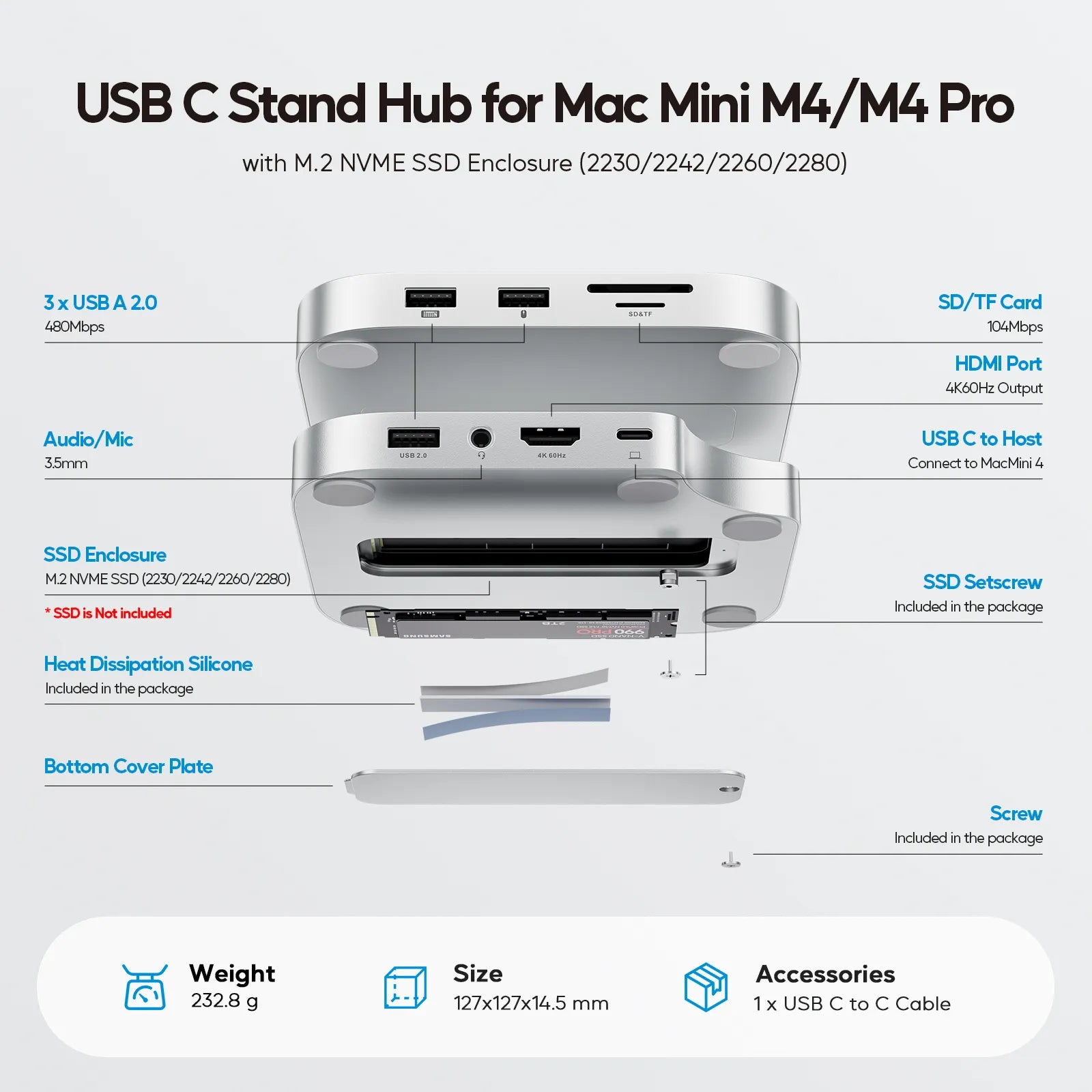 PULWTOP Mac Mini M4 USB C Hub Accesorios & Stand(9-in-1, M.2 SSD case, HDMI 4K)