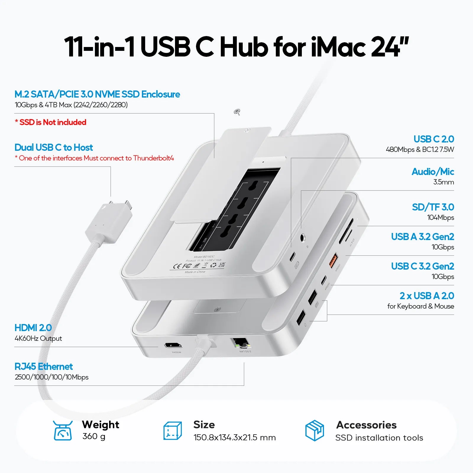 PULWTOP USB C Docking Station For iMac 24" M1/M3/M4 ( 11-in-1, M.2 SSD case, Silver)