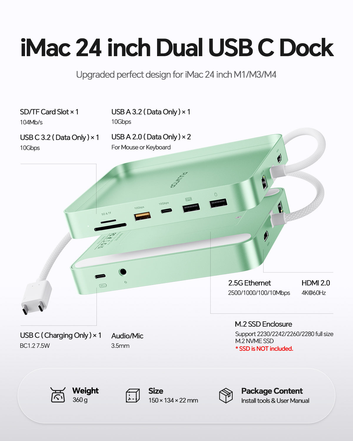PULWTOP USB C Docking Station For iMac 24" M1/M3/M4 ( 11-in-1, M.2 SSD case, Green)