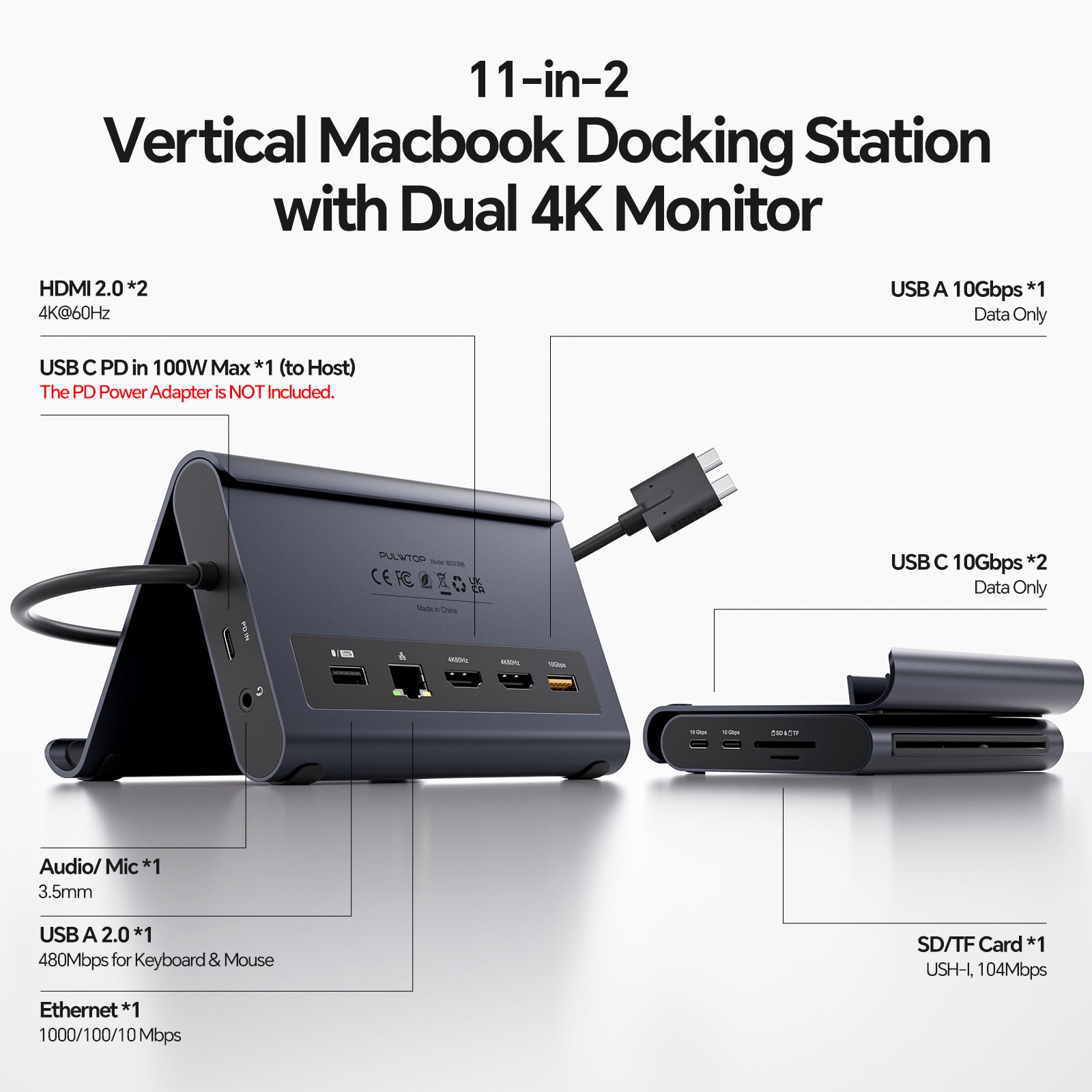 PULWTOP Macbook Docking Station Dual Monitor with 2×HDMI, 10Gbps USB-C/A, Ethernet, Audio for MacBook Pro/Air M4/M5 – Midnight