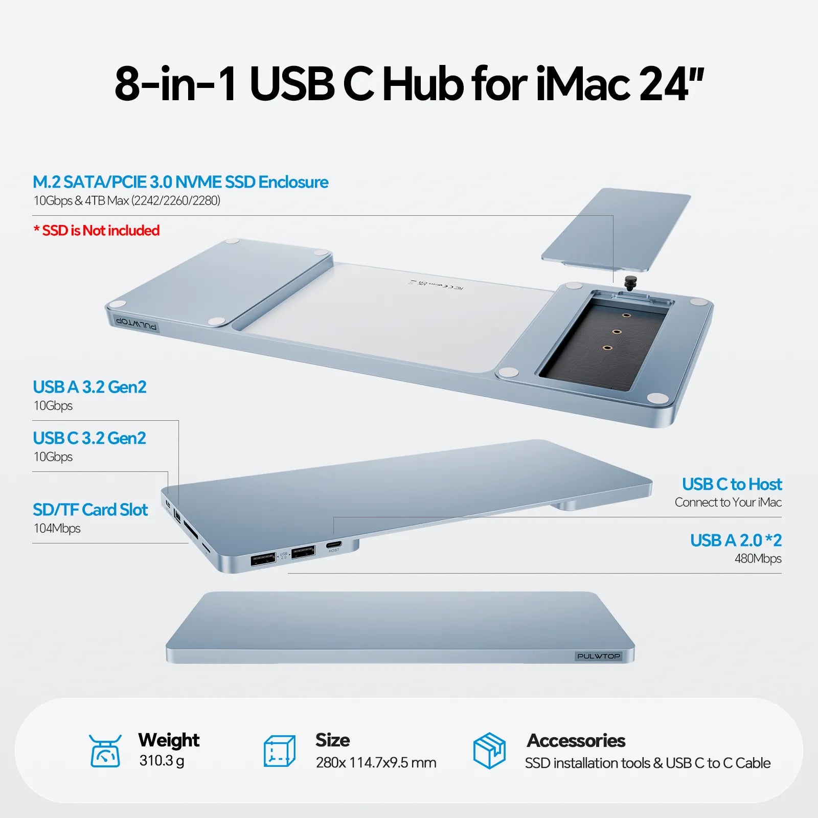 PULWTOP USB C Hub & iMac M1 M3 M4 Slim Dock Accessories ( 8 in 1, M.2 SSD case)