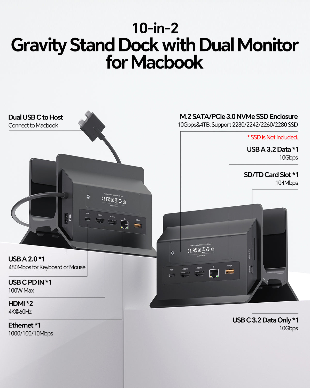 PULWTOP MacBook Docking Station Dual Monitor for MacBook Pro/Air M5/M4 (M.2 NVMe SSD Slot, 2 HDMI, 10Gbps USB A/C) - Black