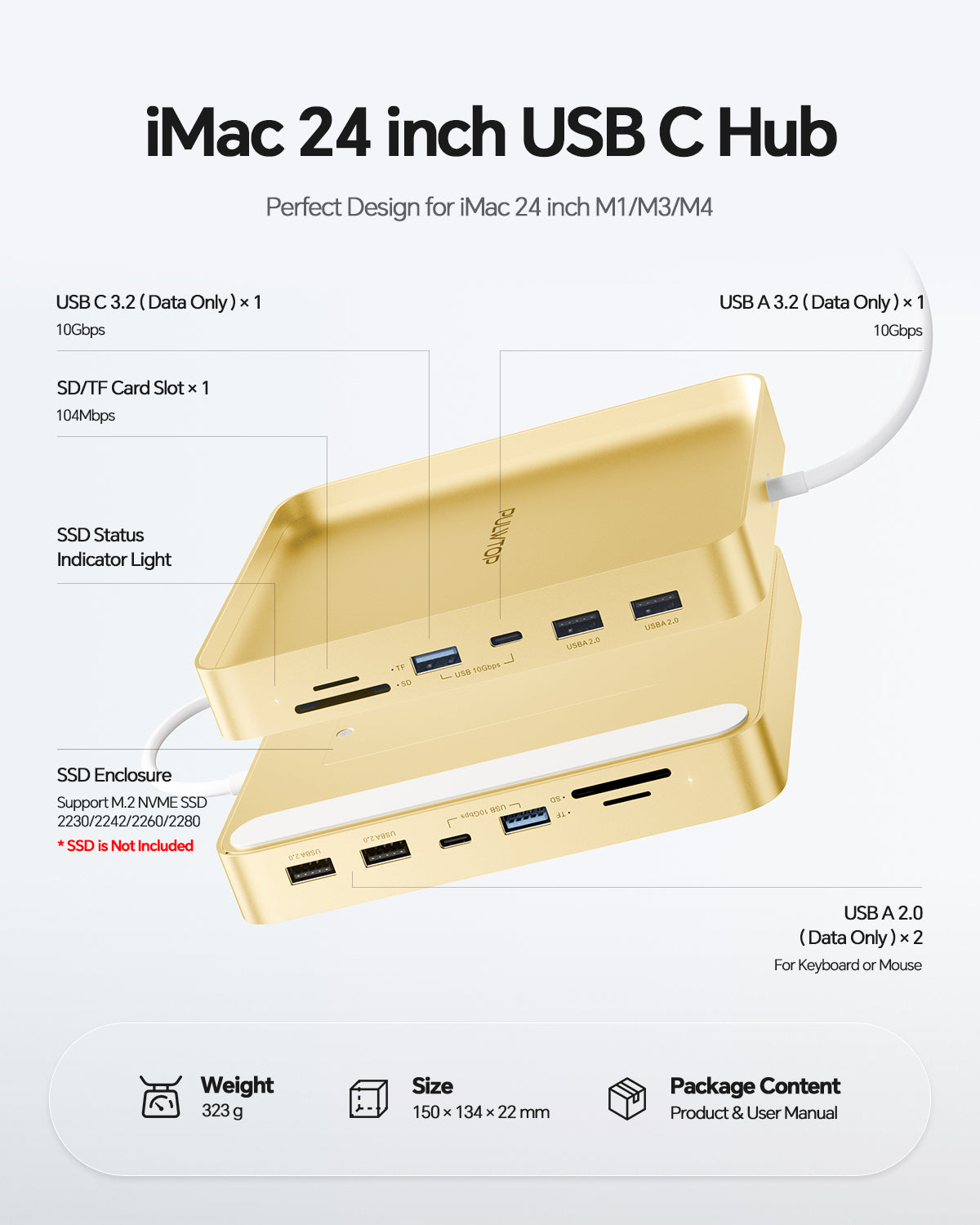 PULWTOP USB C Hub For iMac 24" M1/M3/M4 ( 7-in-1, M.2 SSD case, Yellow)