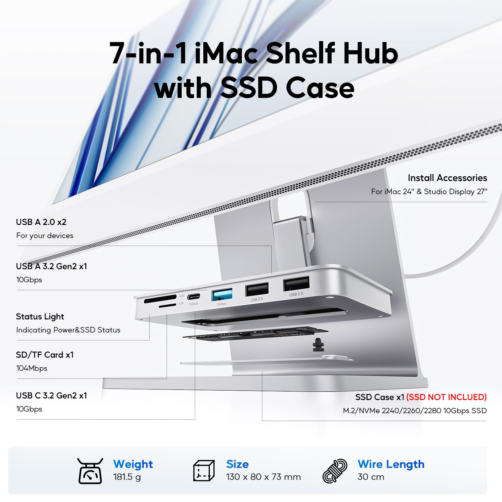 PULWTOP USB C Shelf Hub For iMac 24" M1/M3/M4 & Apple Display Studio( 7-in-1, M.2 SSD case, Silver)