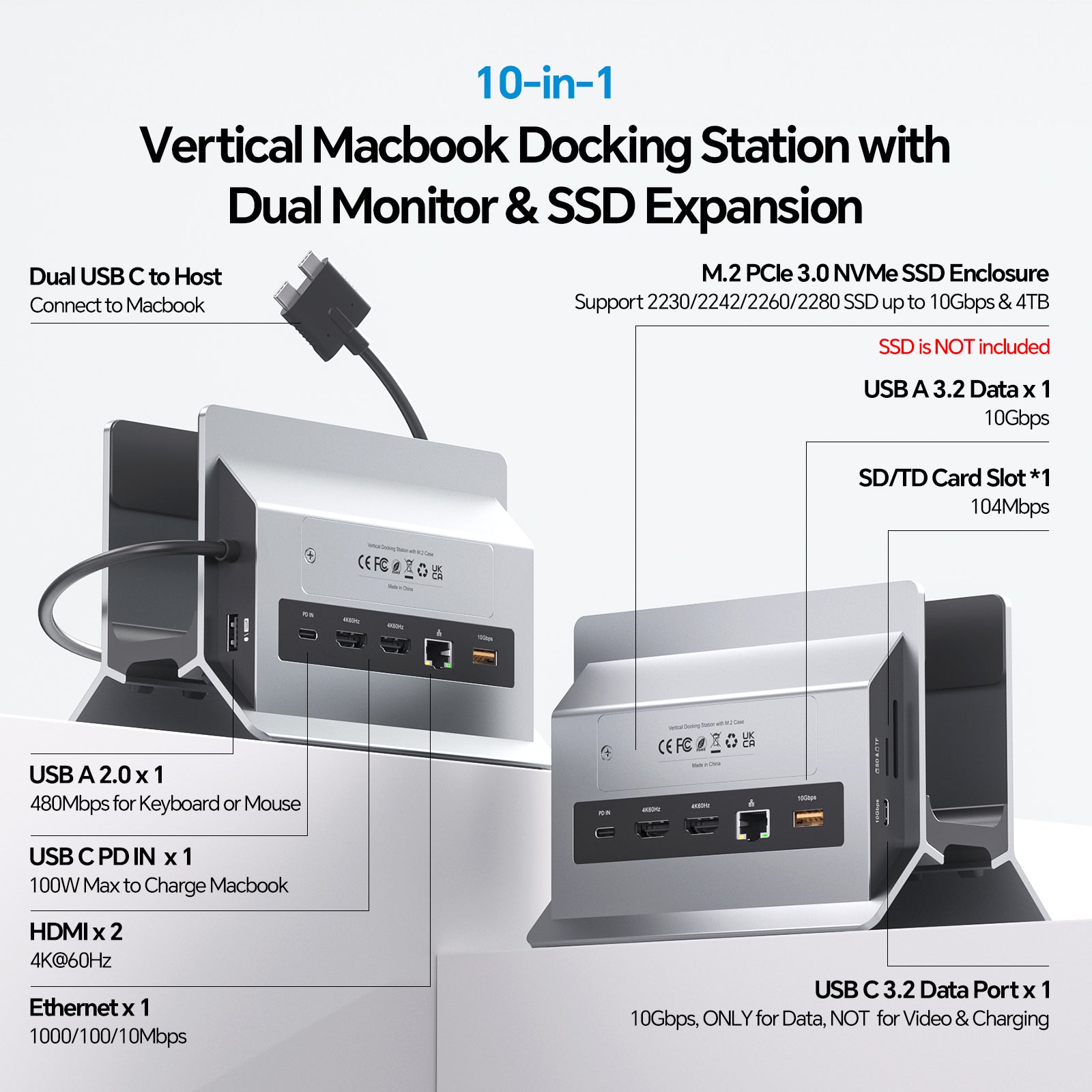 MacBook Docking Station Dual Monitor with 2 HDMI 4K@60Hz, USB A/C 10Gbps, Vertical Dock Stand for MacBook Pro Air M3 M4