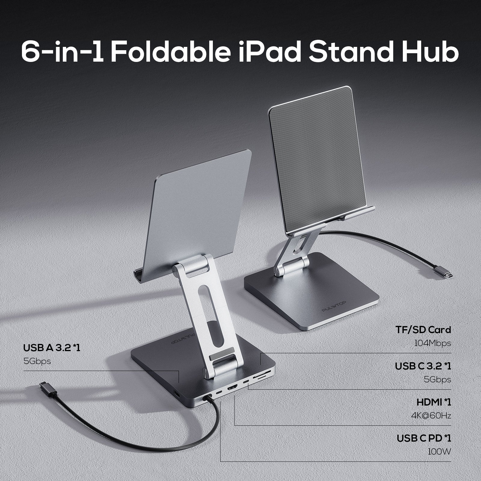 PULWTOP 6-in-1 USB-C-Hub mit faltbarem Tablet-Halter, geeignet für Pad/Pro/Surface/Huawei und andere USB-C-Tablets