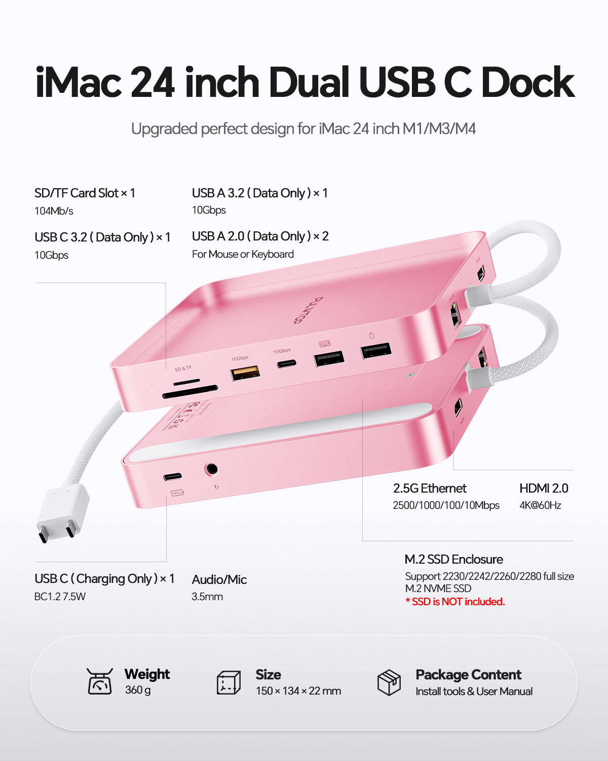 PULWTOP Upgraded 11-in-2 USB C Hub for iMac 24 Inch (HDMI, Ethernet, SSD Slot)Pink