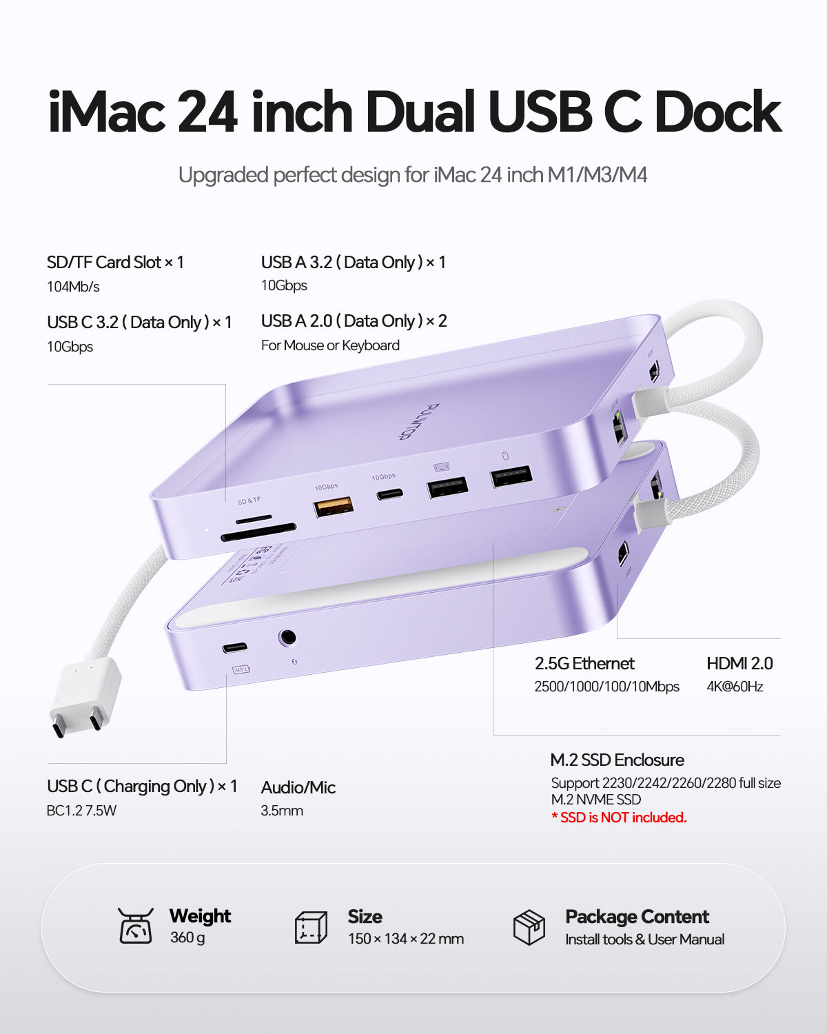 PULWTOP Upgraded 11-in-2 USB C Hub for iMac 24 Inch(HDMI, USB A/C, SSD Slot) Purple