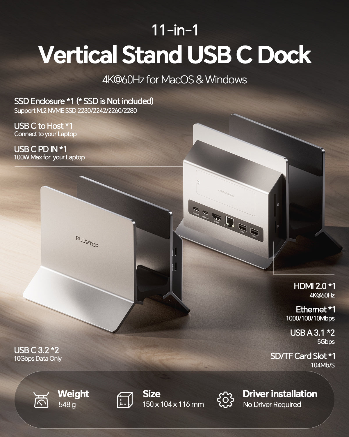 PULWTOP USB C docking station with vertical stand ( 11-in-1, HDMI, USB-C 10Gbps, M.2 NVME SSD case) Grey