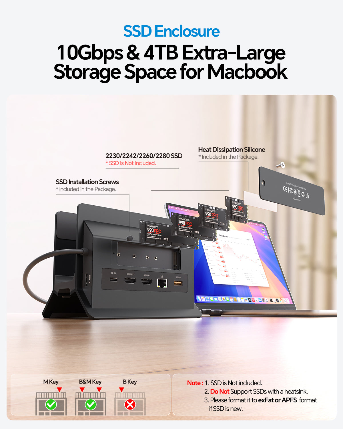 PULWTOP MacBook Docking Station Dual Monitor for MacBook Pro/Air M5/M4 (M.2 NVMe SSD Slot, 2 HDMI, 10Gbps USB A/C) - Black