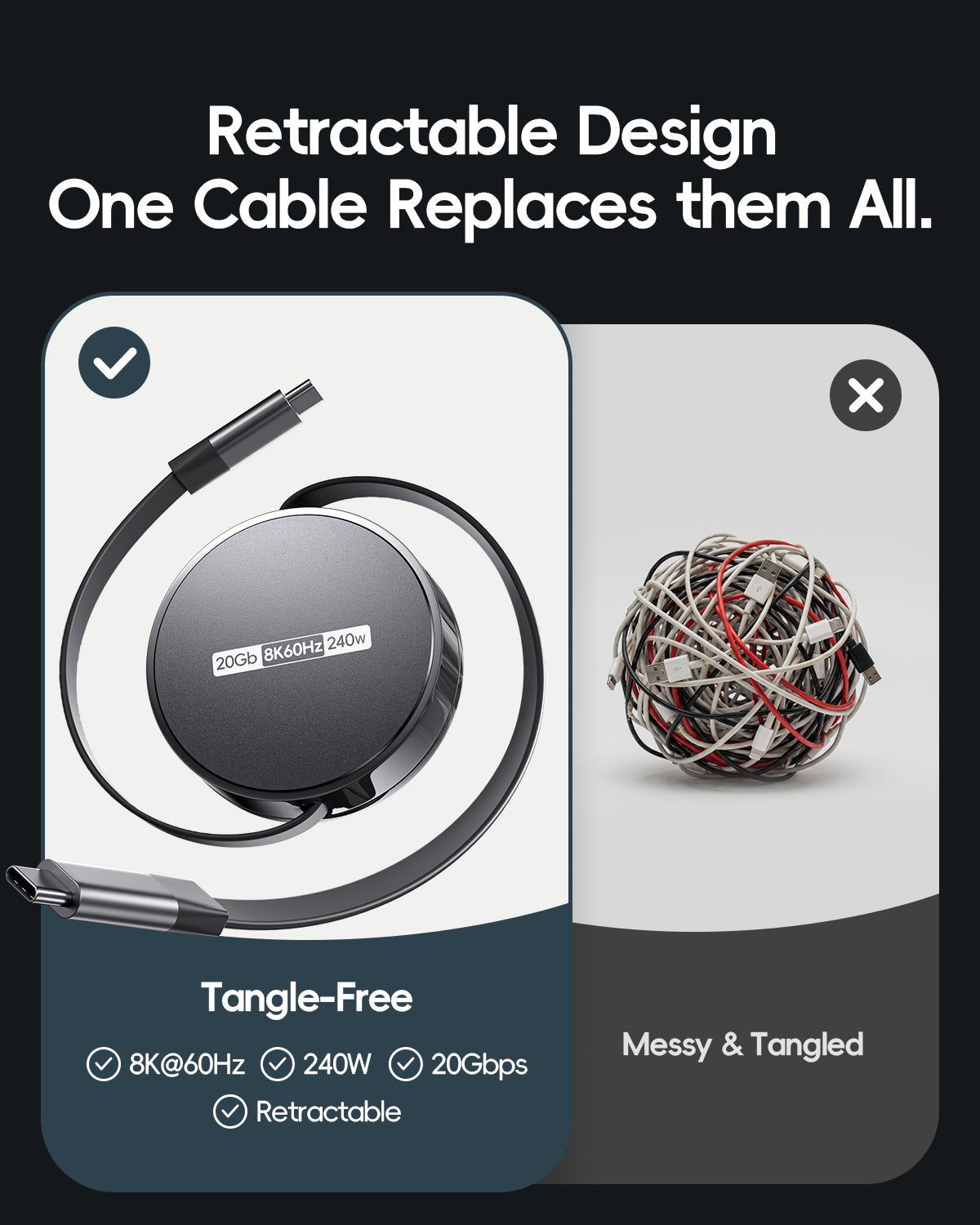 PULWTOP Retractable USB C to USB C Cable, USB 4 Cable with PD 240W, 20Gbps, 8K60Hz - Black