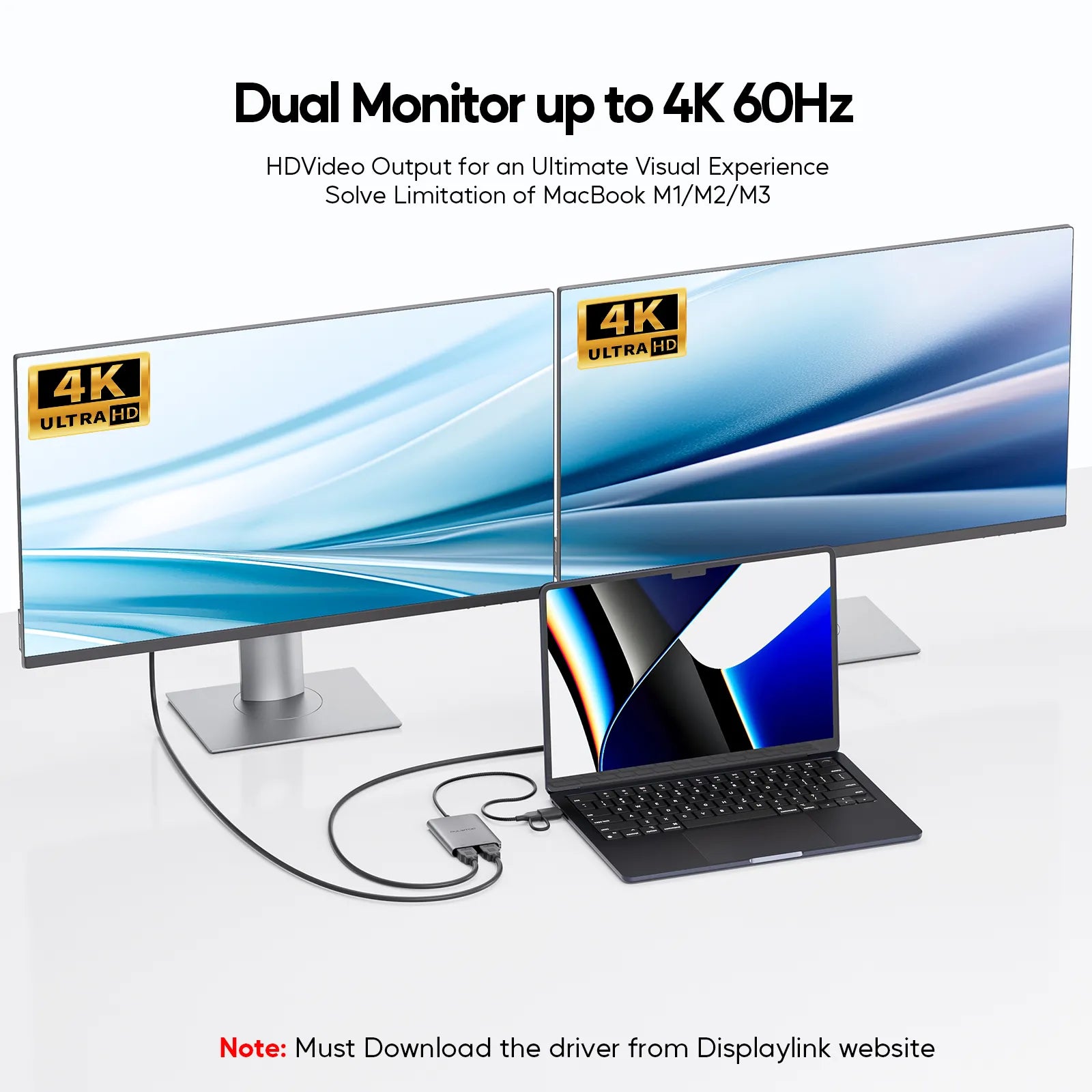 PULWTOP Displaylink Adapter, USB C to HDMI Adapter with Dual Monitor for Mac M1/M2/M3/M4, USB C to Dual HDMI for MacBook, Laptops, iMac, Driver Required