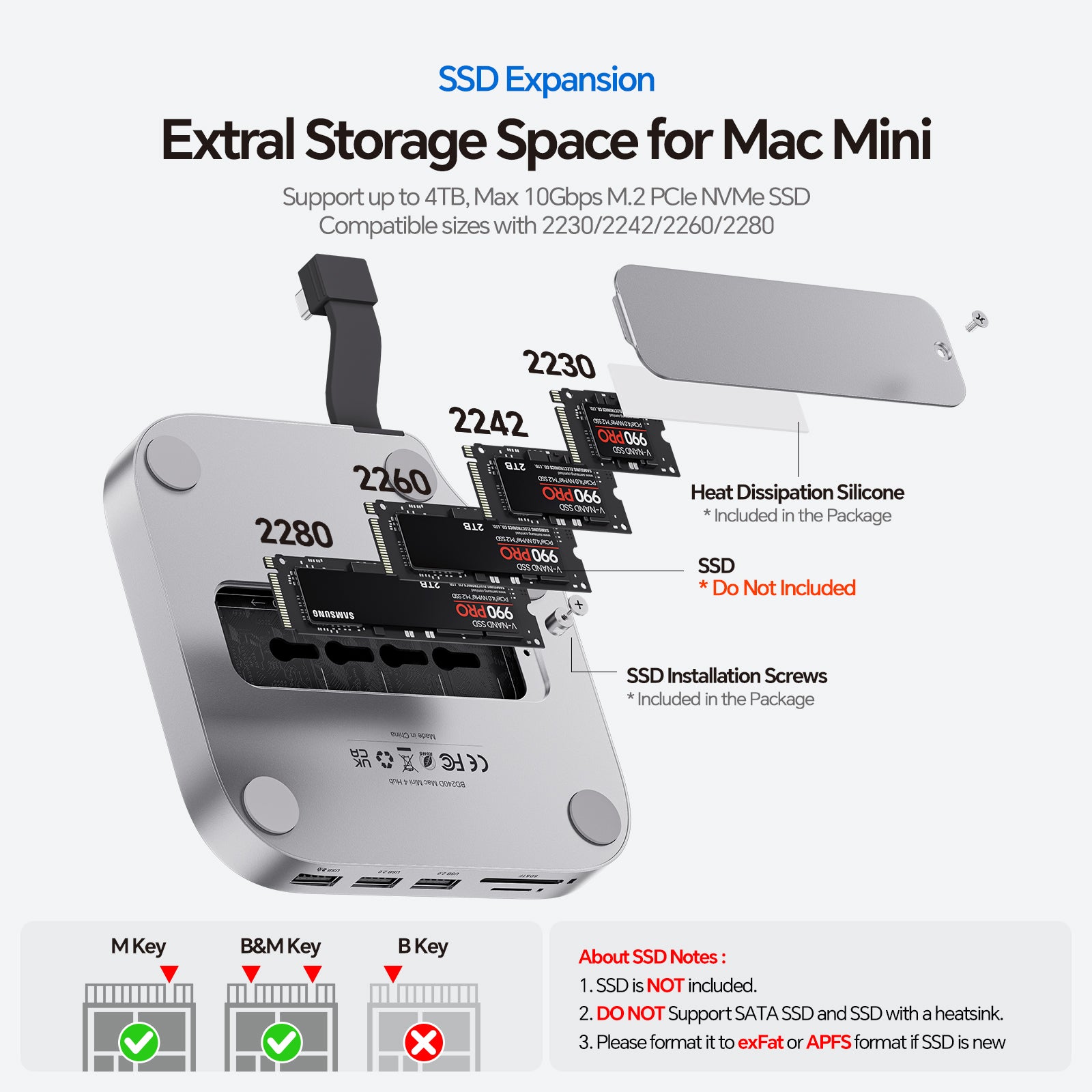 Mac Mini M4 Dock Stand with DP 4K 144Hz & HDMI 4K 60Hz, Mac Mini M4 Pro Hub with 4TB NVMe SSD Enclosure (SSD NOT Included), 3 USB A 2.0, SD/TF 3.0, 3.5mm Audio/Mic