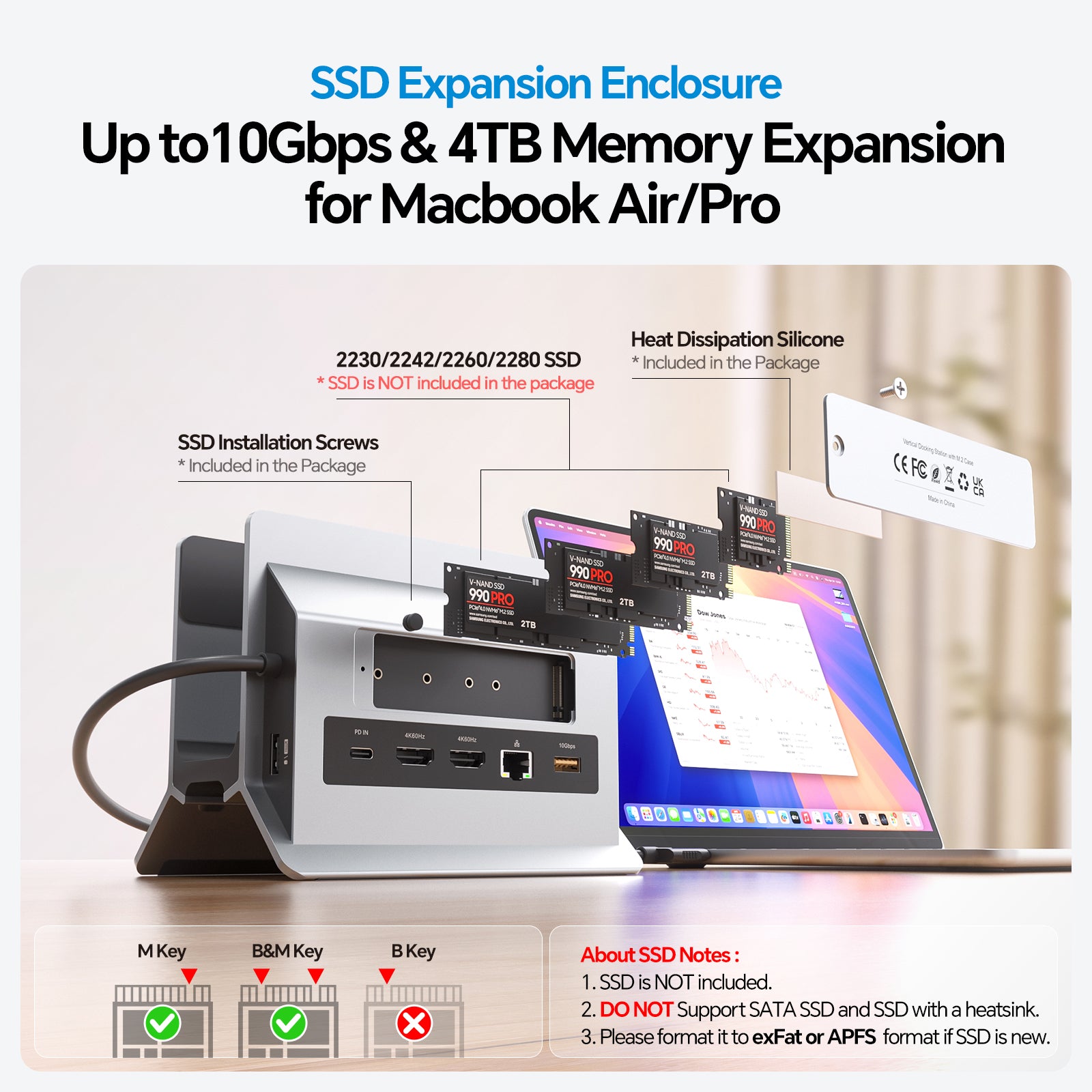 MacBook Docking Station Dual Monitor with 2 HDMI 4K@60Hz, USB A/C 10Gbps, Vertical Dock Stand for MacBook Pro Air M3 M4