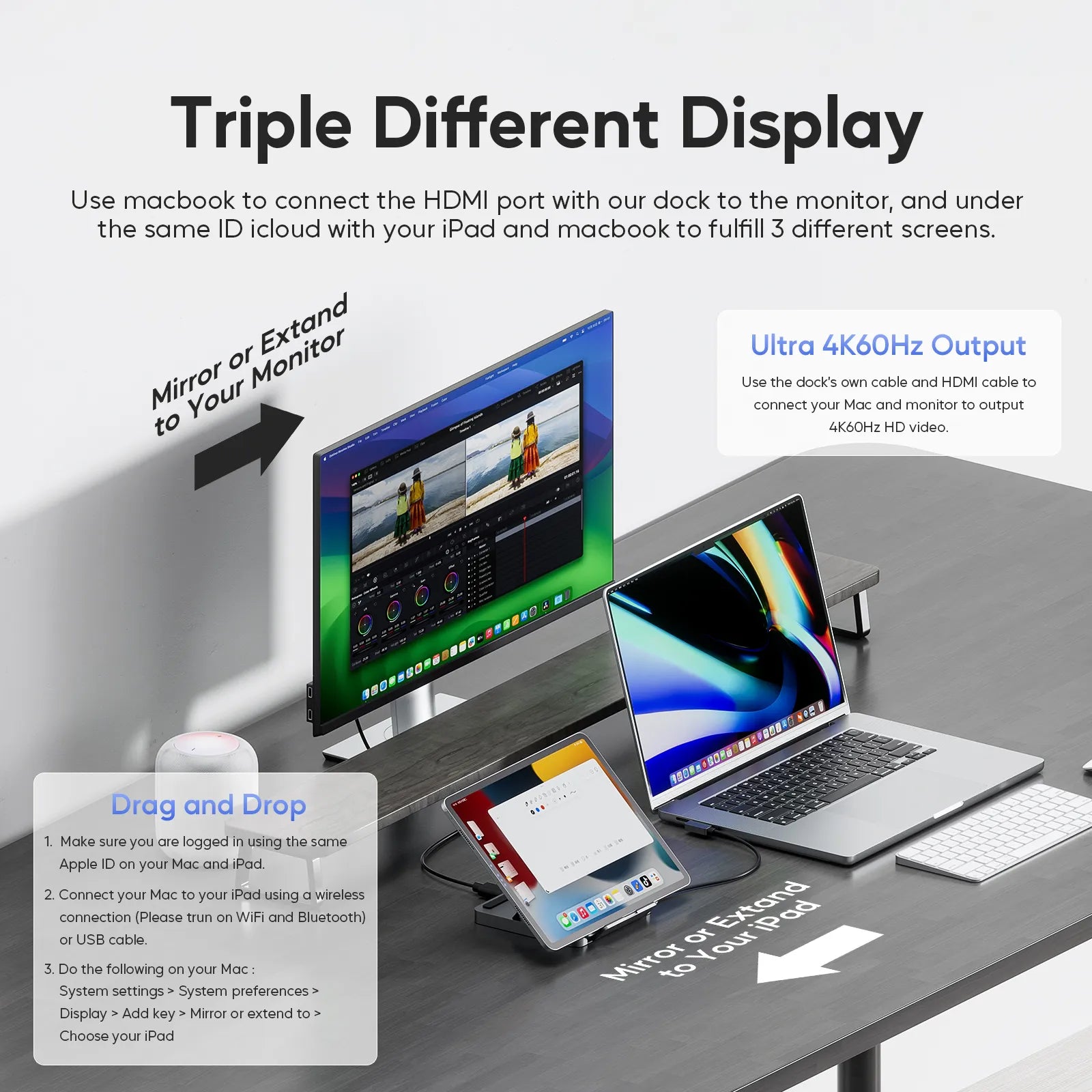 PULWTOP USB C Docking Station, With 4KHDMI, 100W PD Aluminum Hub with SSD Case, Foldable Stand Base for iPad