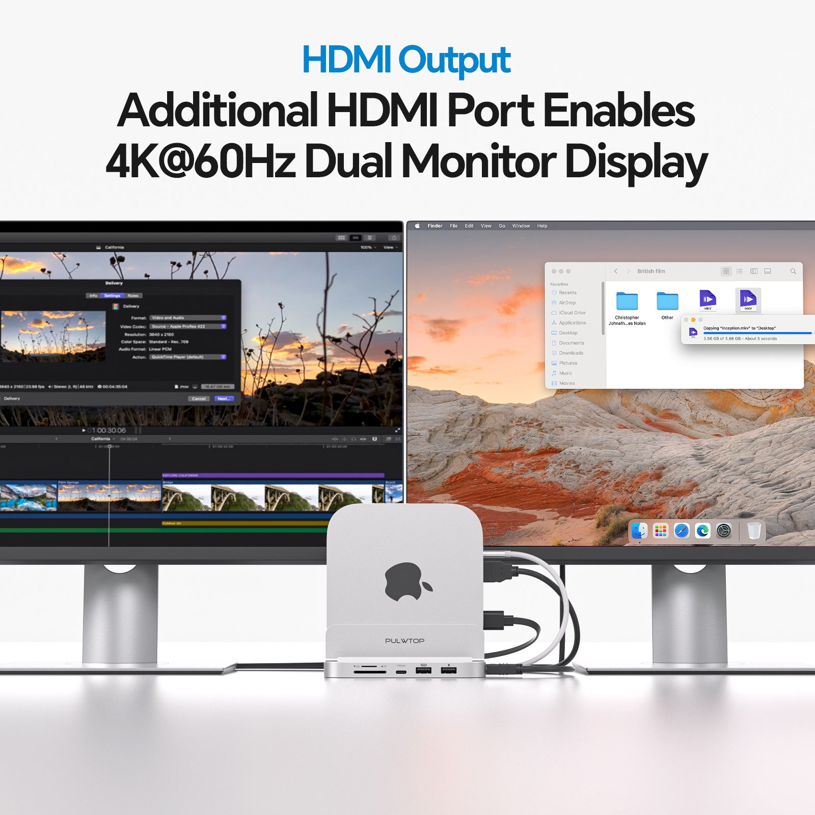 PULWTOP Mac Mini M4 Dock& Stand(9-in-1, M.2 SSD case, HDMI 4K, 10Gbps)