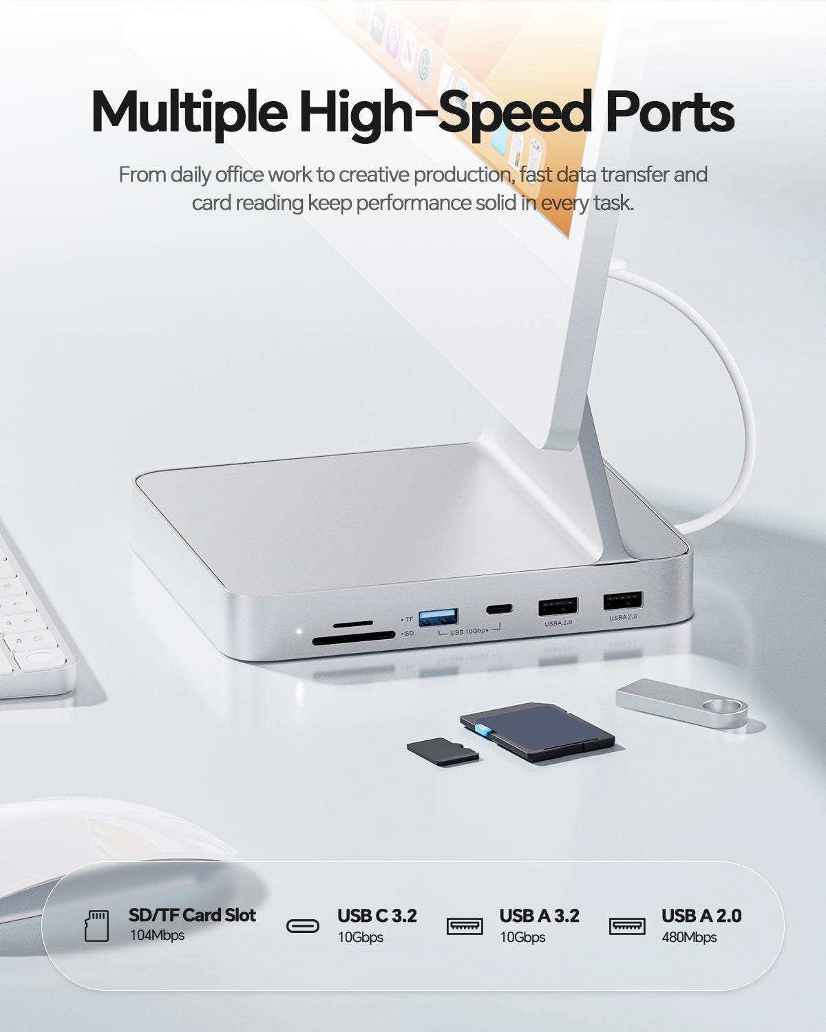 PULWTOP USB C Hub For iMac 24" M1/M3/M4 ( 7-in-1, M.2 SSD case, Silver)