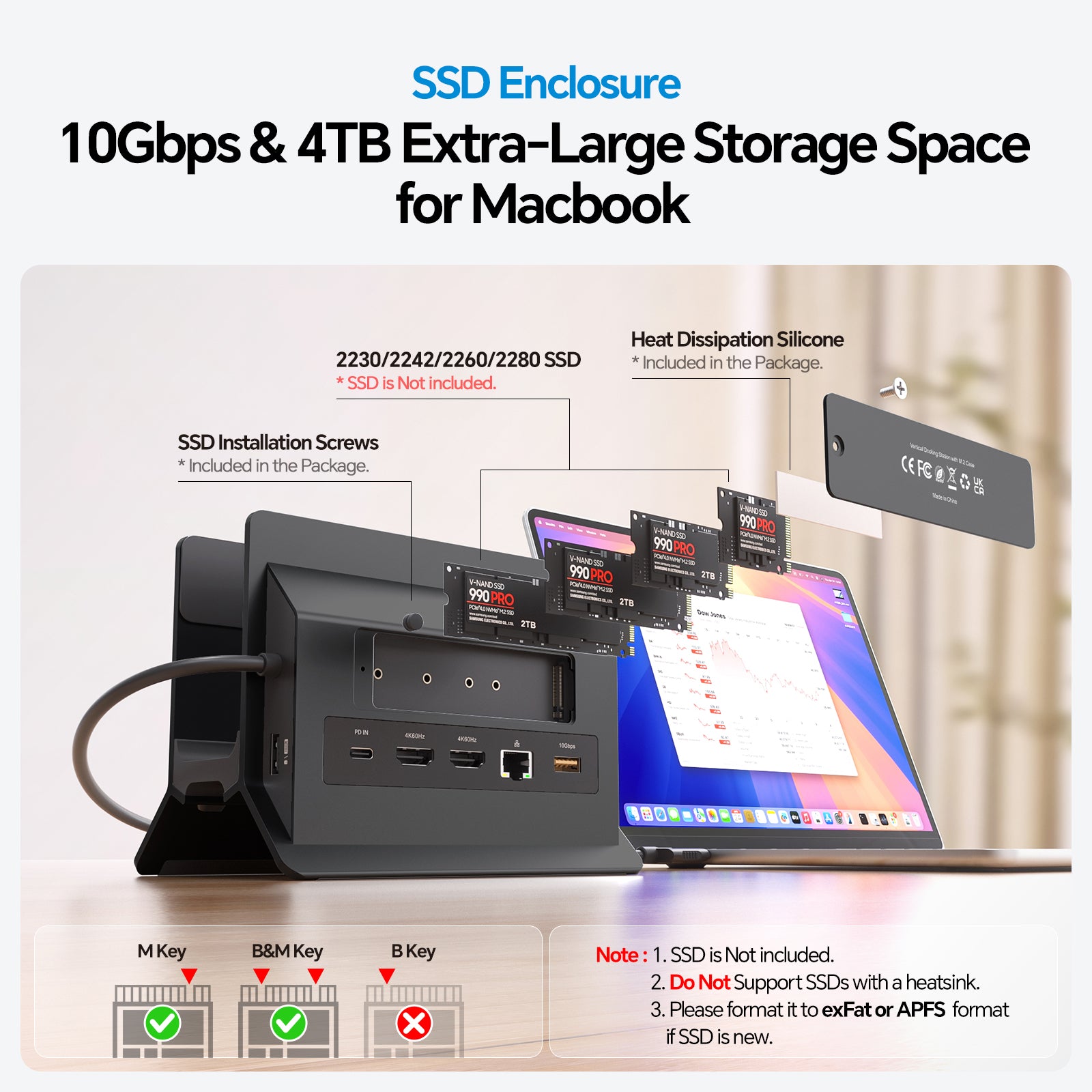 PULWTOP MacBook Docking Station Dual Monitor 4K@60Hz for MacBook Pro/Air M5/M4 (M.2 NVMe SSD Enclosure, 2 HDMI, 10Gbps USB A/C) - Black