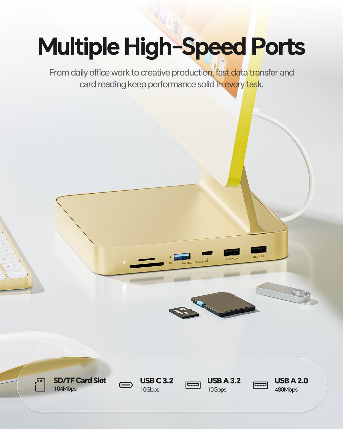 PULWTOP USB C Hub For iMac 24" M1/M3/M4 ( 7-in-1, M.2 SSD case, Yellow)