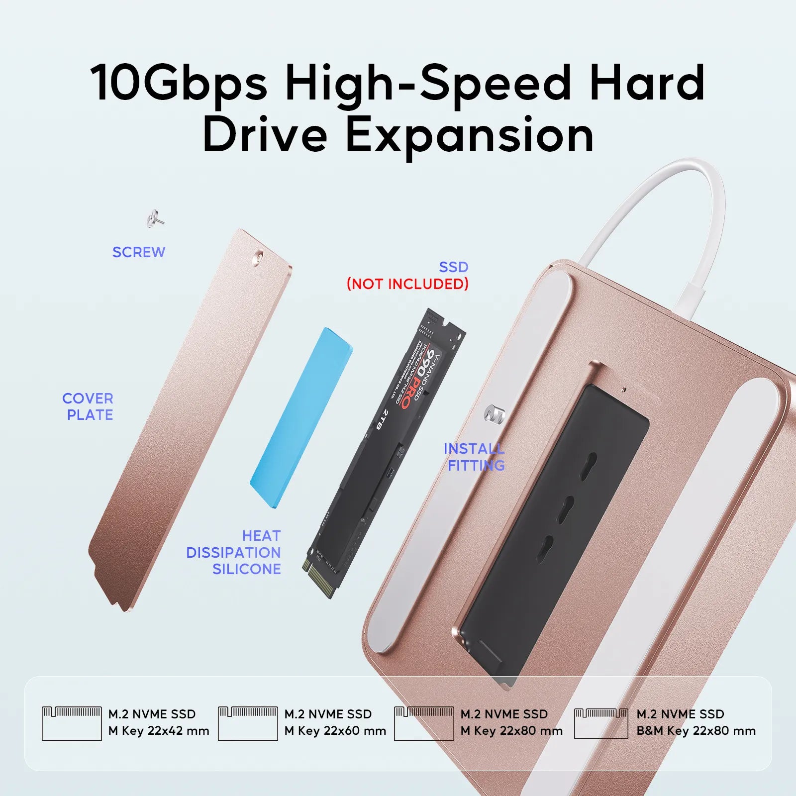 PULWTOP USB C Hub For iMac 24" M1/M3/M4 ( 7-in-1, M.2 SSD case, Pink)