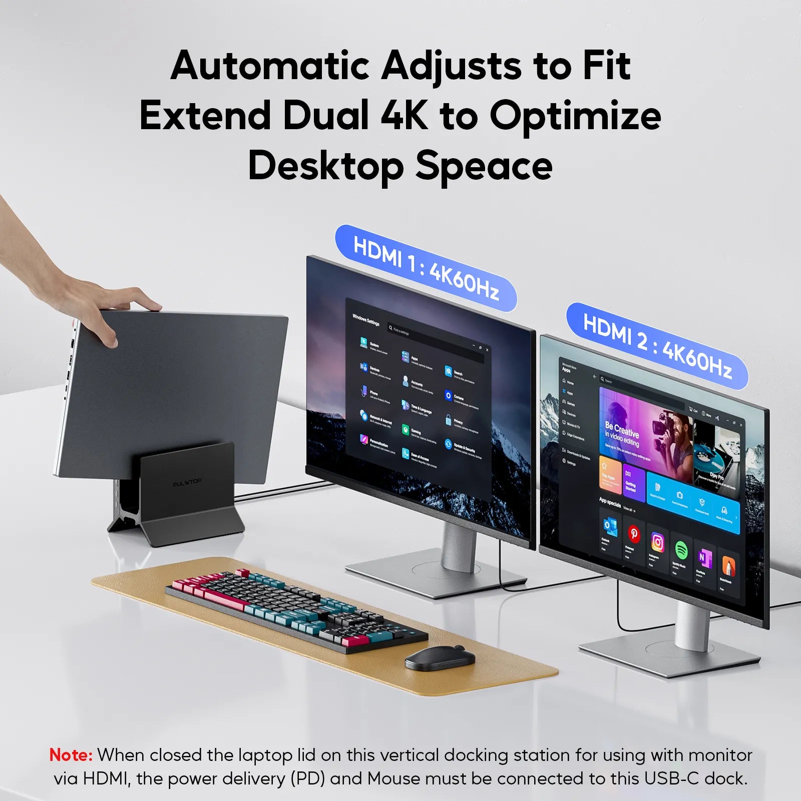 PULWTOP USB C Laptop Docking Station Dual Monitor, 11 in 1 Vertical Dock with 2 HDMI 4K, 3 USB A/C 10Gbps, 2USB-A 5Gbps, USB A 2.0, Ethernet, Docking Station Stand for Type-C Laptops - Black