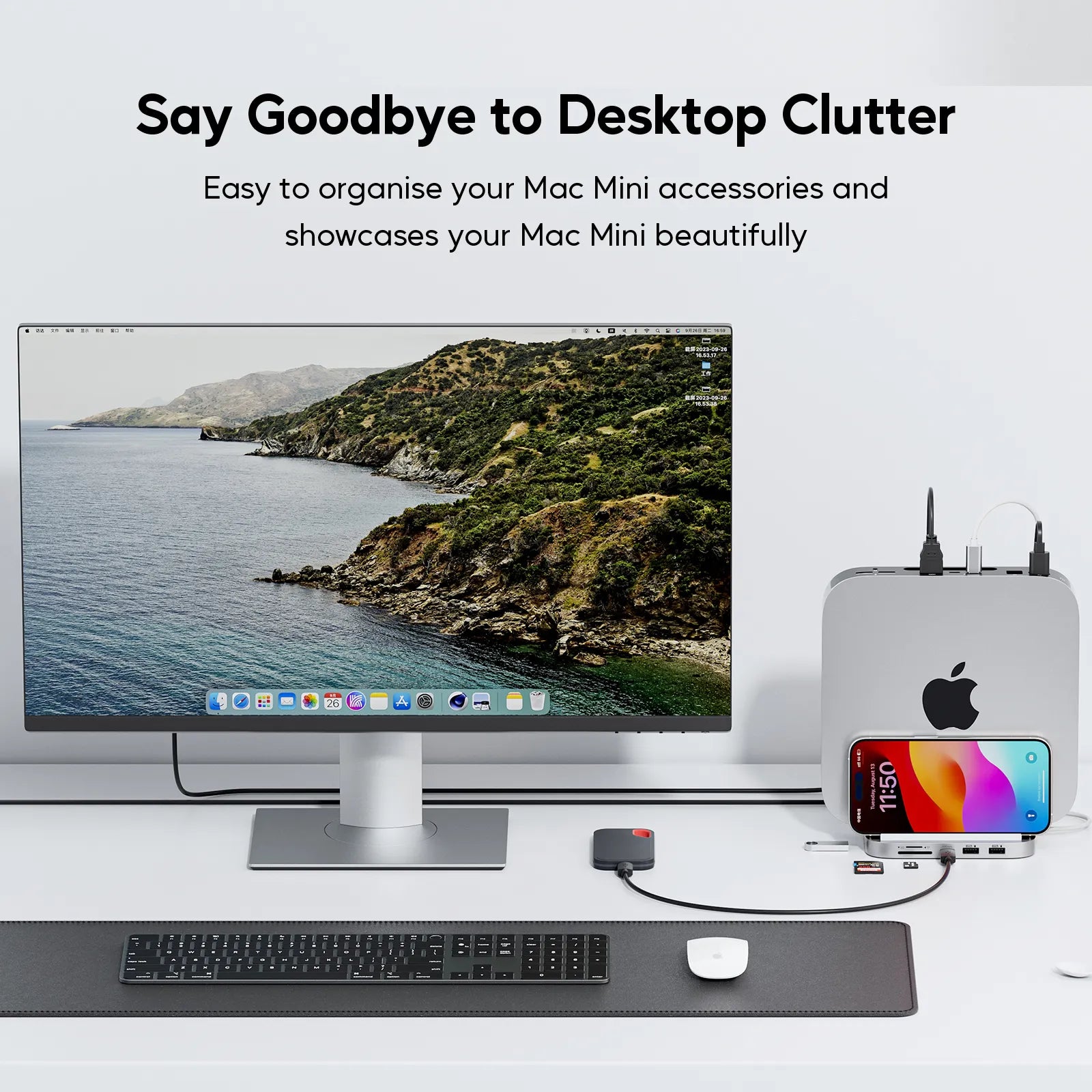 PULWTOP 8-in-1 Vertical Mac Mini Dock ,Mac Mini Hub Stand with M.2 PCIe NVMe SSD Enclosure