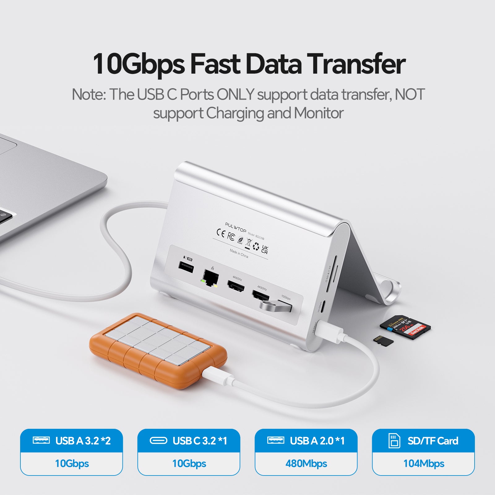PULWTOP USB C Docking Station Dual Monitor for MacBook Pro/Air M4/M5 (2X 4K@60Hz HDMI, 10Gbps USB A/C) - Silver