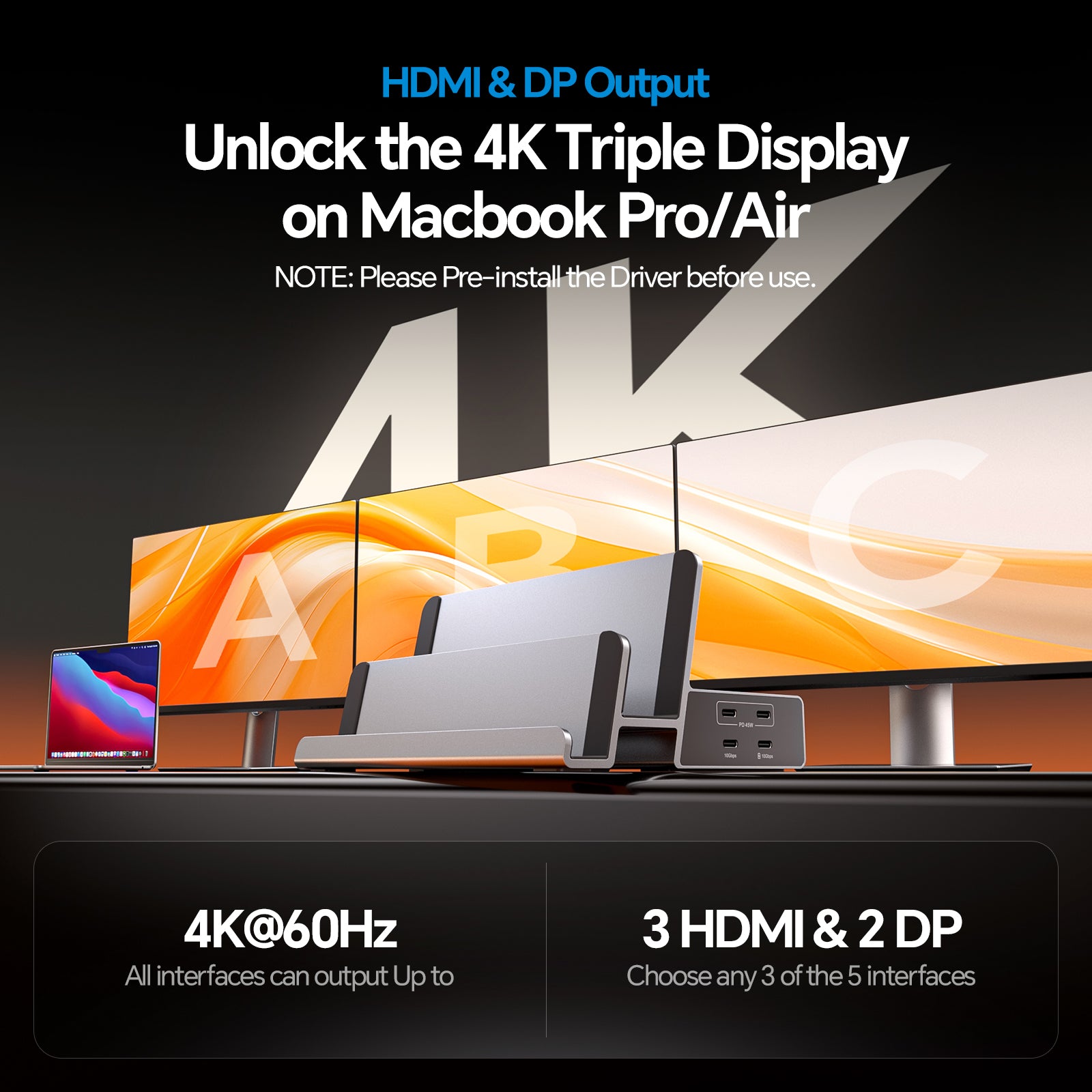 PULWTOP Triple Display Docking Station MacBook Stand(17-in-1, 100W PD, 4K Displays with 3 HDMI or 2 D )Driver Required