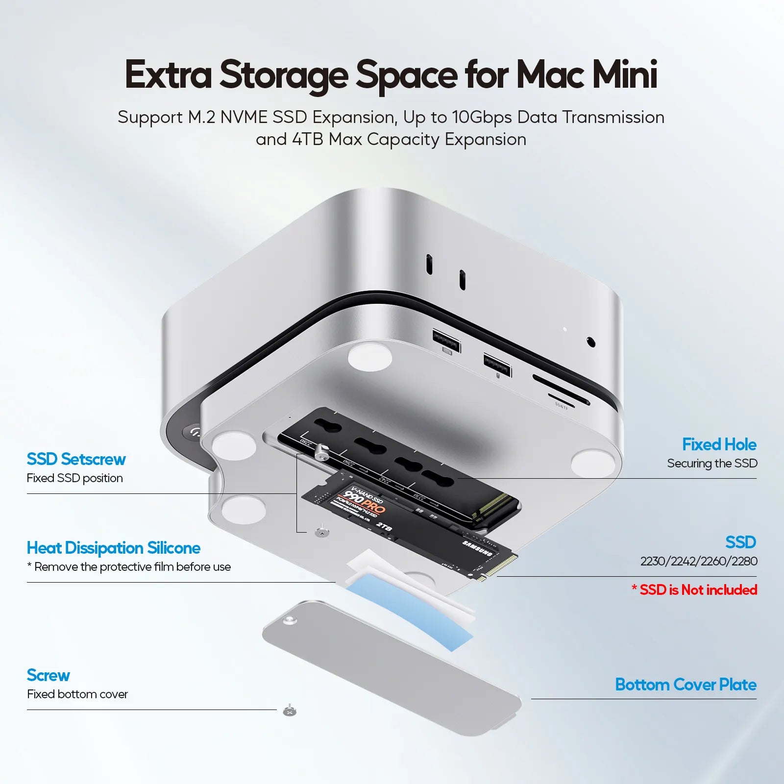 PULWTOP Mac Mini M4 USB C Hub Accesorios & Stand(9-in-1, M.2 SSD case, HDMI 4K)