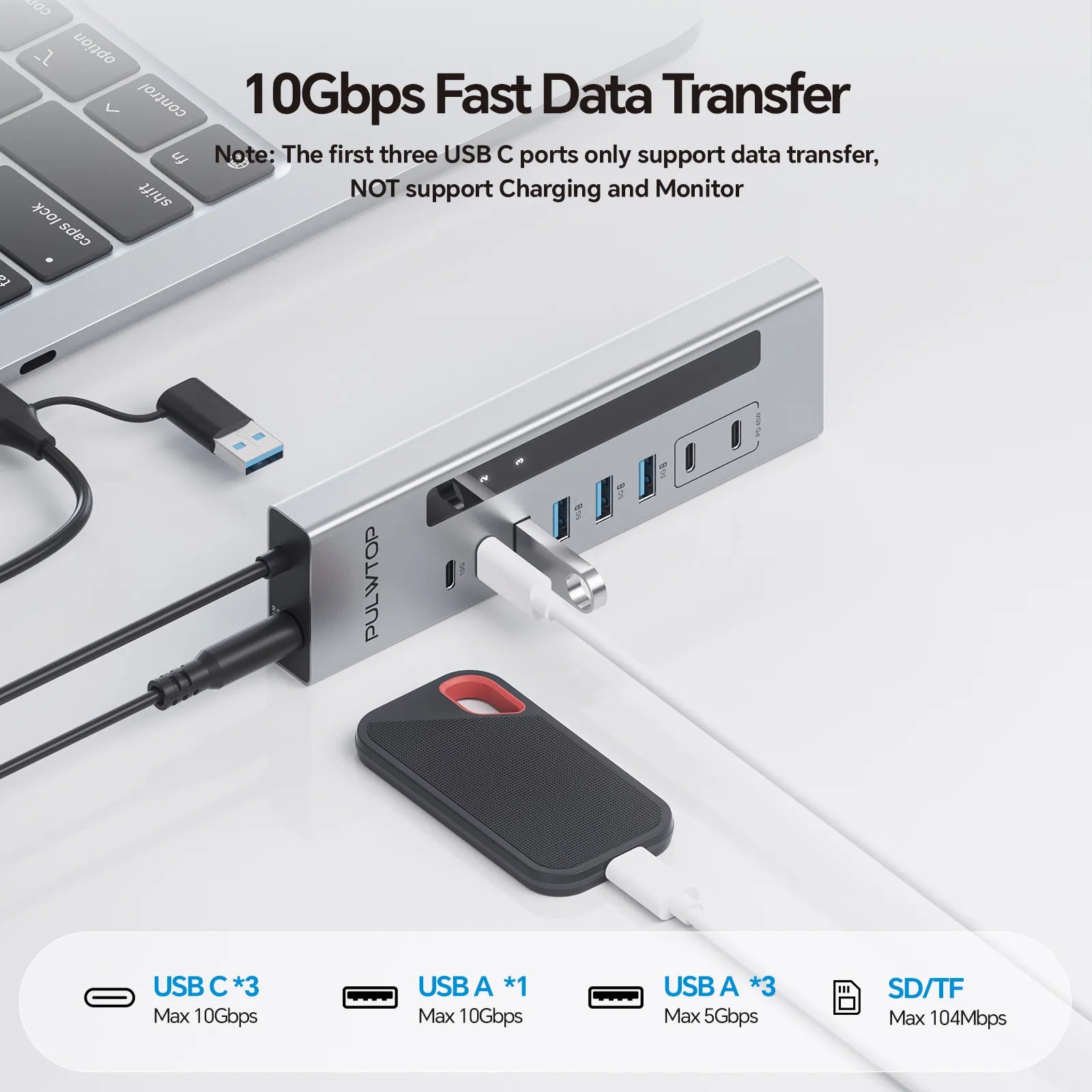PULWTOP Powered USB C Hub, PULWTOP 11-in-1 USB Hub with SD/TF, 2*USB-C 10Gbps, 4*USB-A 5/10Gbps and 2 * 24/45W Type-C PD Charging Ports (Not Support Video), USB Powered Hub (72W DC Adapter Included)