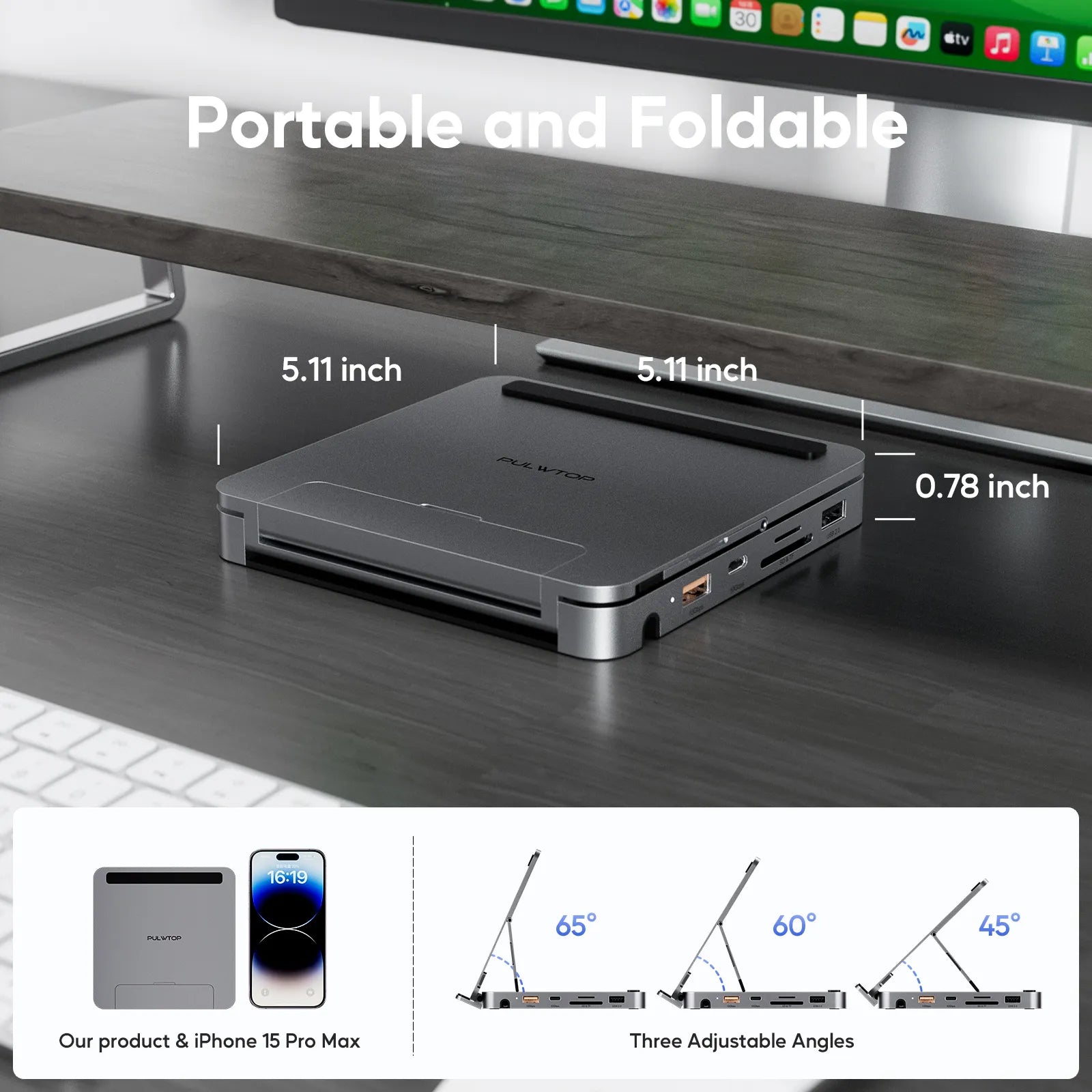 PULWTOP USB C Docking Station, With 4KHDMI, 100W PD Aluminum Hub with SSD Case, Foldable Stand Base for iPad