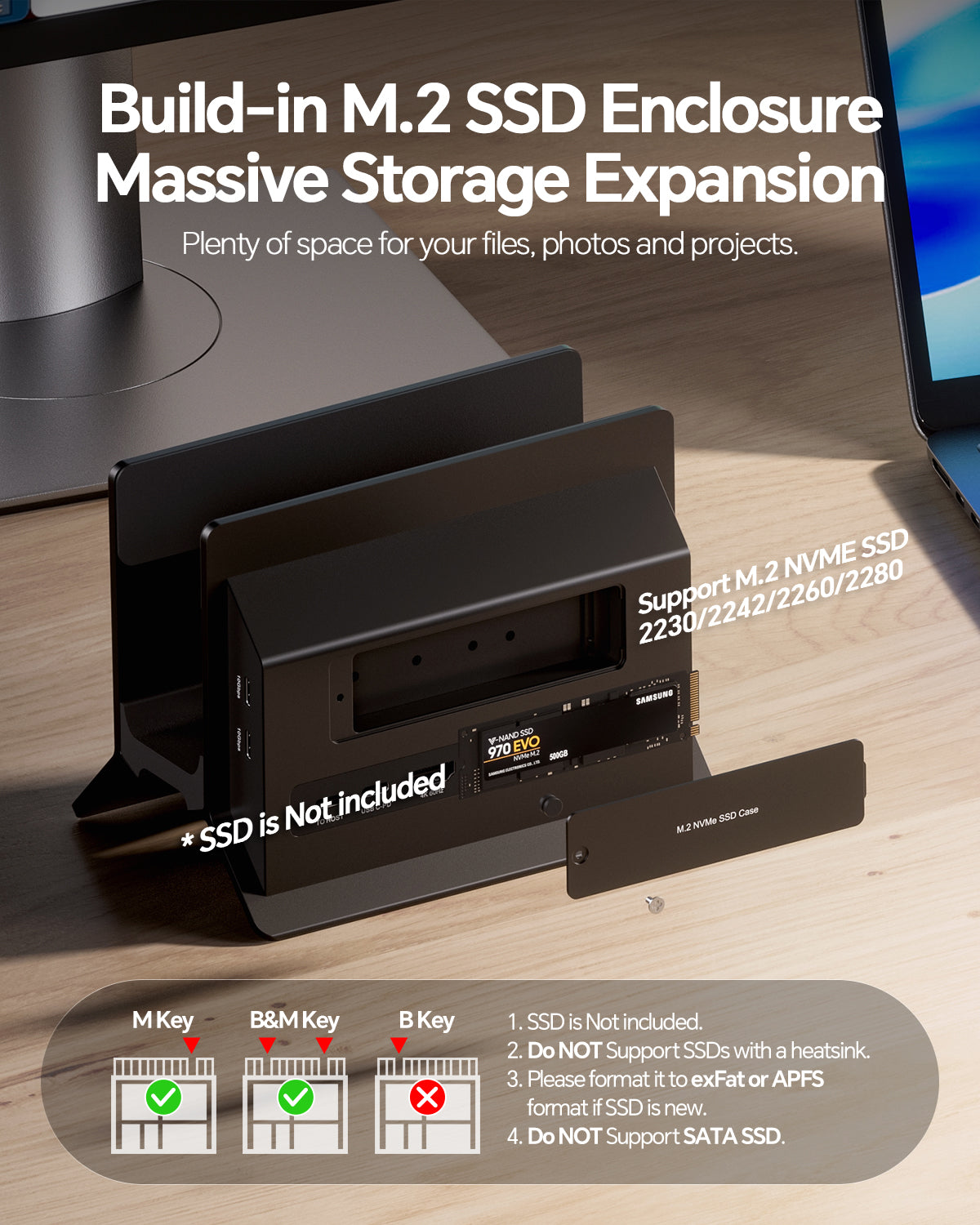 PULWTOP Vertical MacBook Docking Station (11-in-1, HDMI, USB-C 10Gbps, M.2 NVME SSD case) Black