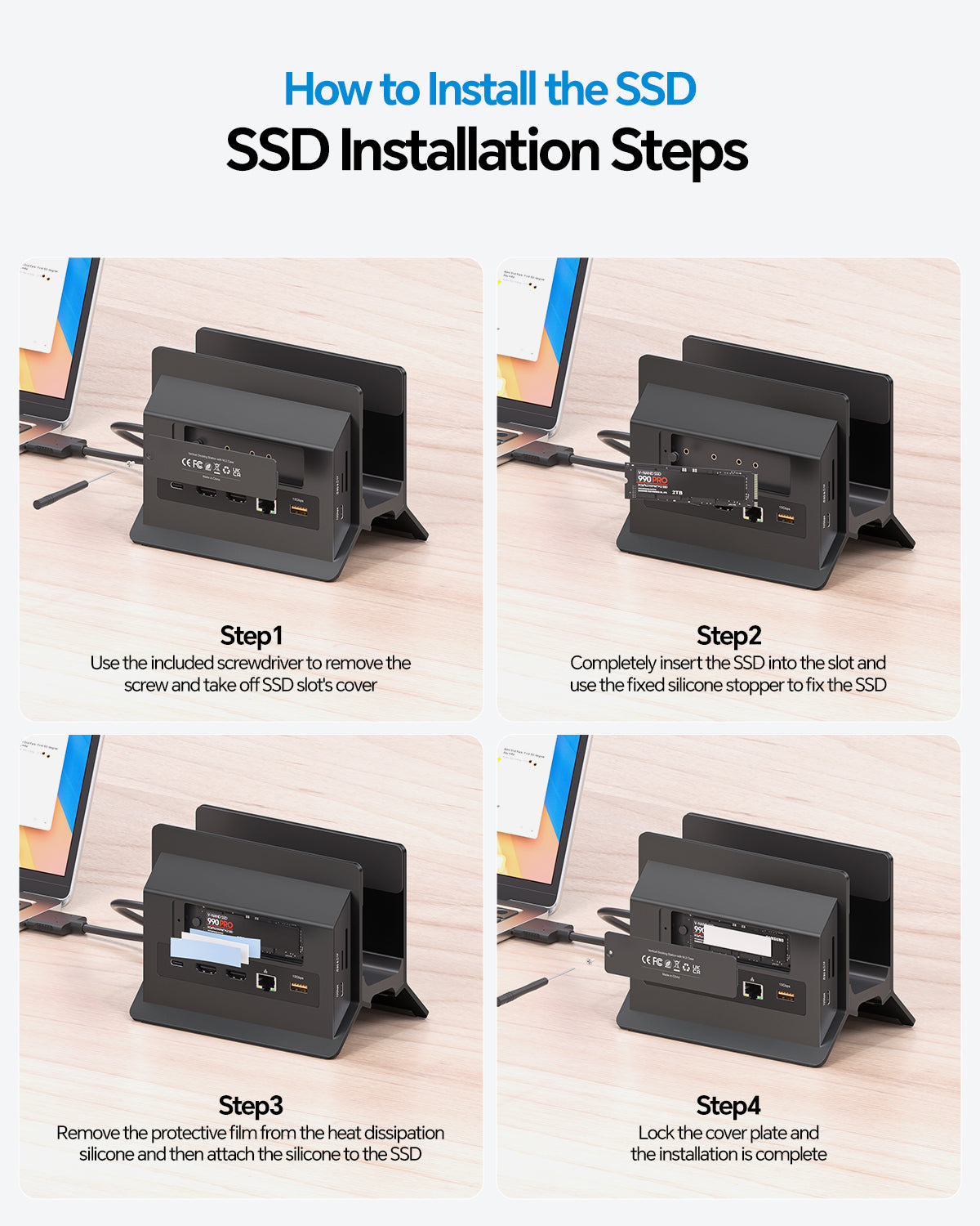 PULWTOP MacBook Docking Station Dual Monitor for MacBook Pro/Air M5/M4 (M.2 NVMe SSD Slot, 2 HDMI, 10Gbps USB A/C) - Black